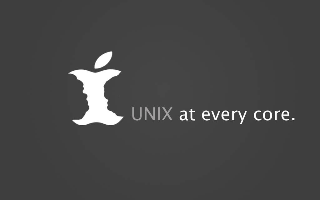 程式設計 桌布 壁紙 — 一個極簡白色Apple標誌，咬口露出兩張臉，深灰色背景，文字UNIX at every core。