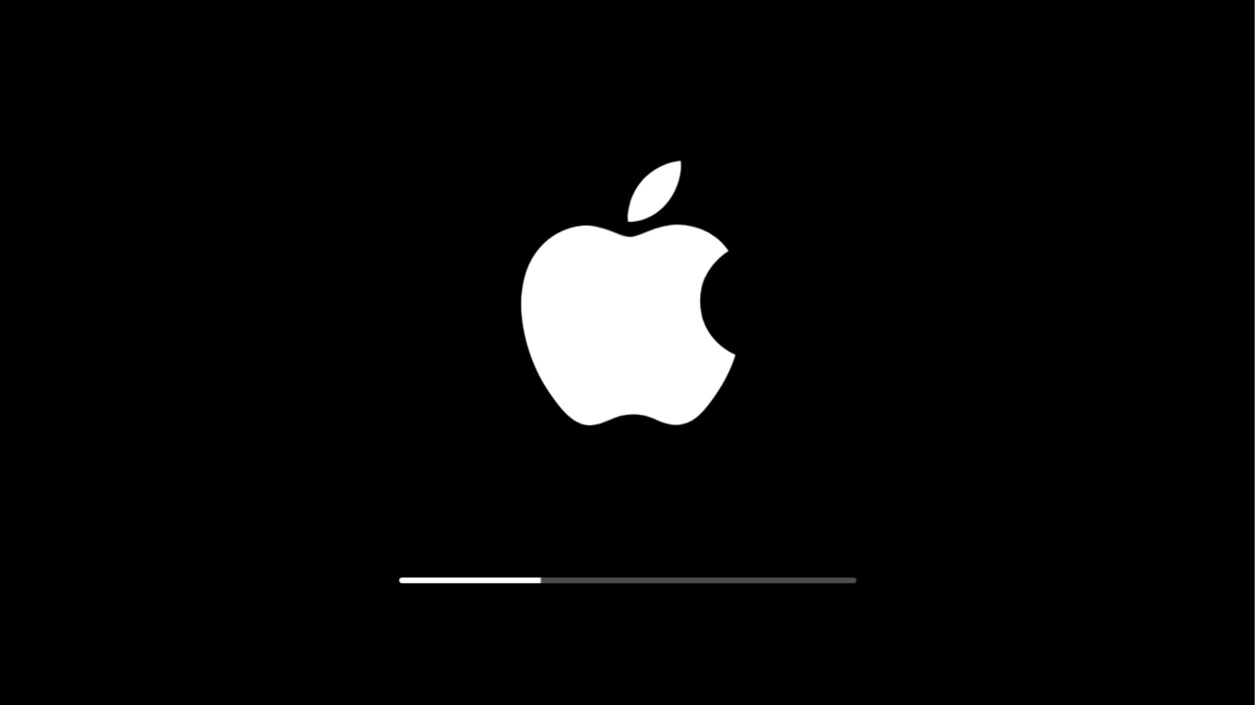 黑白 桌布 壁紙 — 一個極簡白色Apple標誌居中於黑色背景上，下方有載入條。