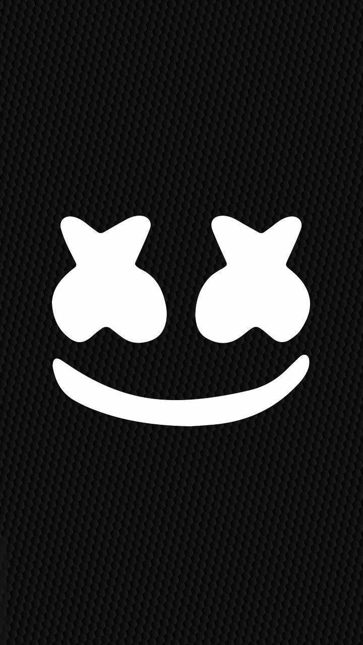 marshmello iPhone 桌布 壁紙 — 一個極簡白色笑臉，帶有X形眼睛，位於黑色紋理背景上。