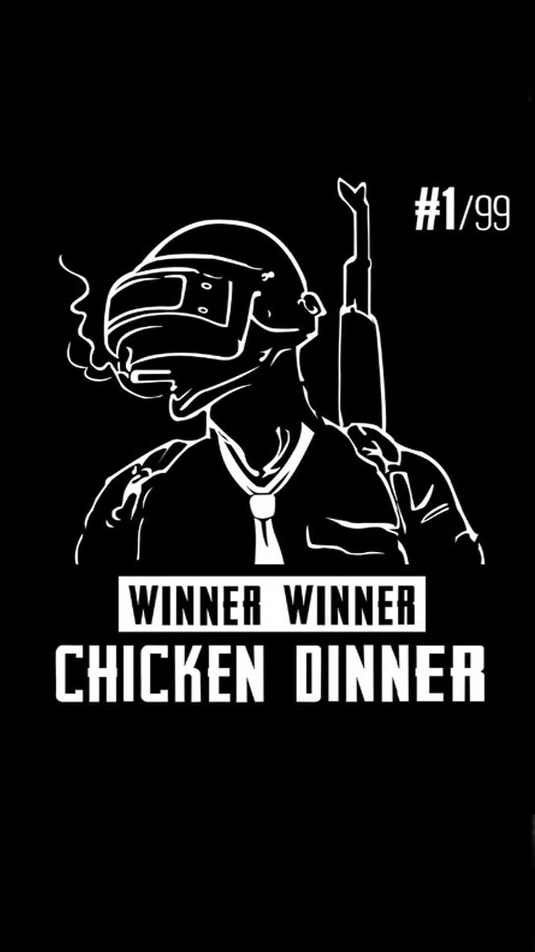 Pubg Logo 桌布 壁紙 — 一個極簡白色線條藝術插圖，描繪PUBG角色戴頭盔和領帶，手持步槍，黑色背景上寫有「WINNER WINNER CHICKEN DINNER」文字。