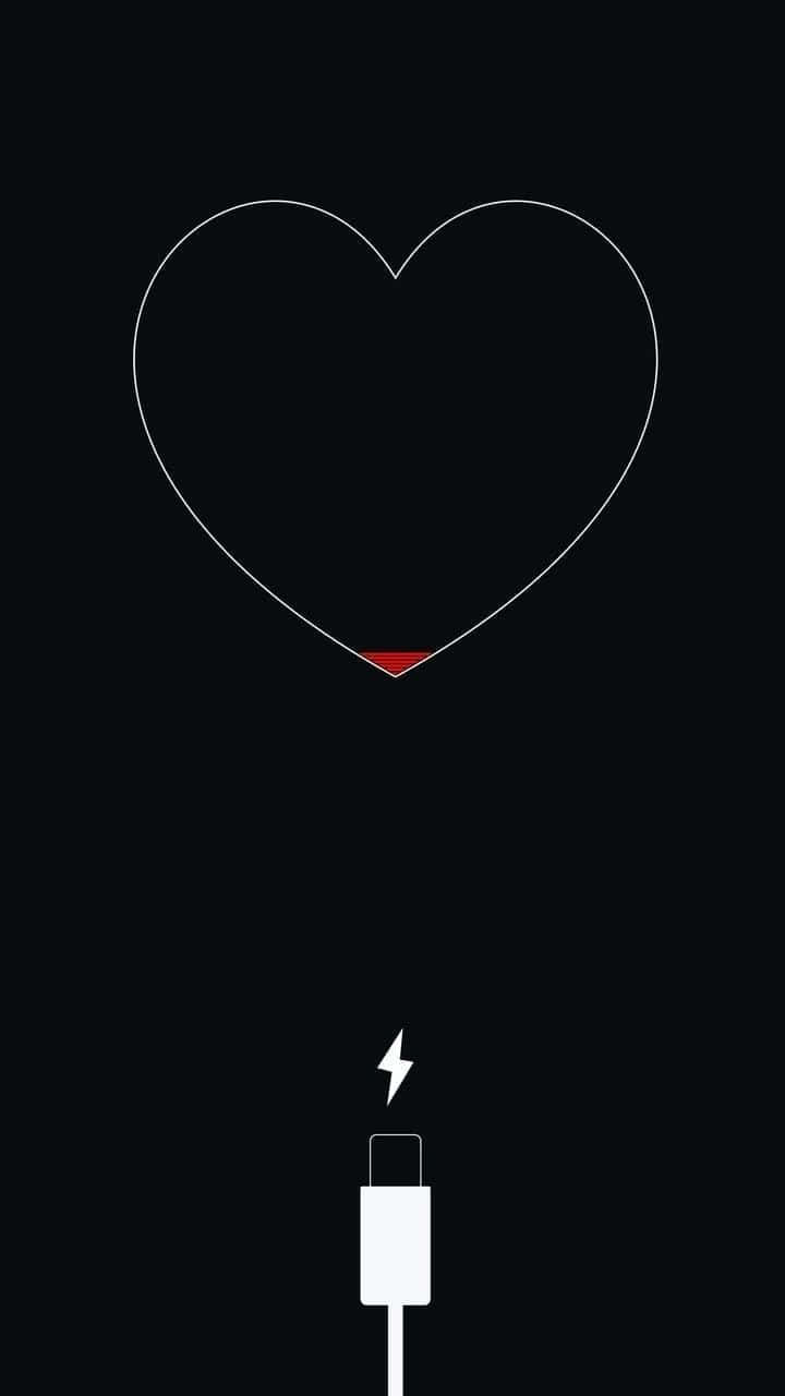 Aesthetic Black Heart 桌布 壁紙 — 一個極簡白色輪廓心形，底部有紅色充電指示燈，連接USB線，背景為黑色。