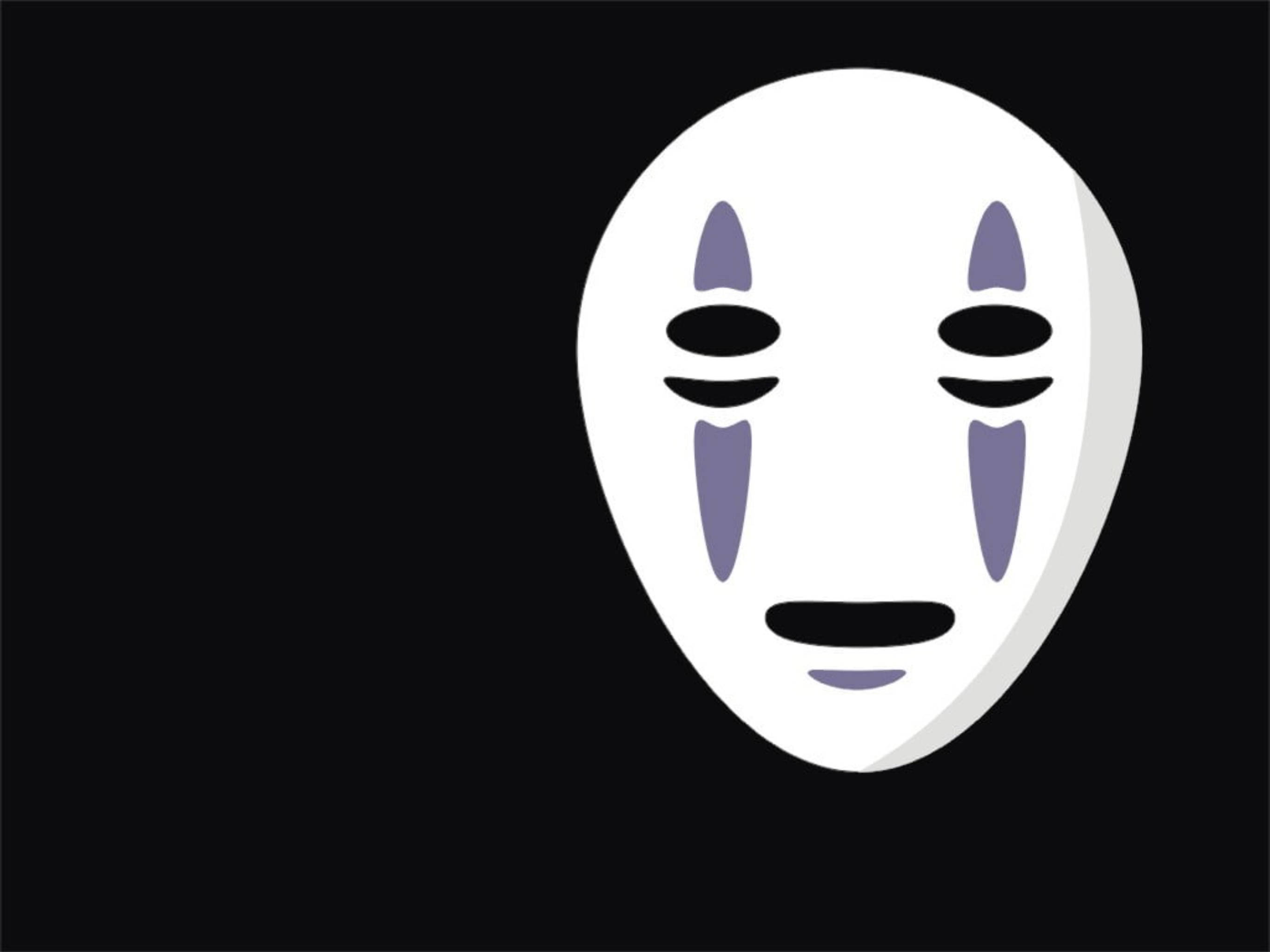 No Face 桌布 壁紙 — 一個極簡白色面具，帶有紫色淚滴狀標記和黑色眼口縫隙，居中於黑色背景上。