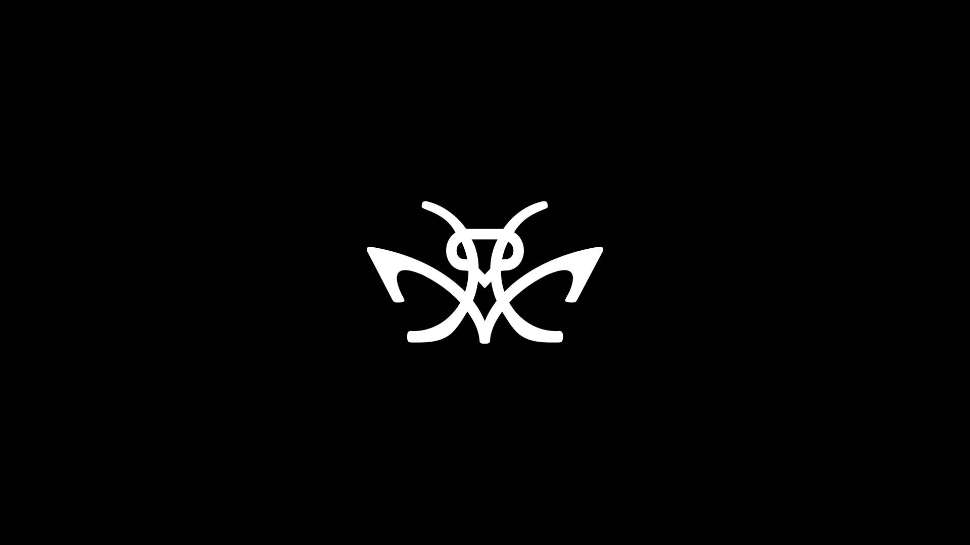 Cicada 桌布 壁紙 — 一個極簡白色風格化昆蟲標誌，居中在純黑色背景上。