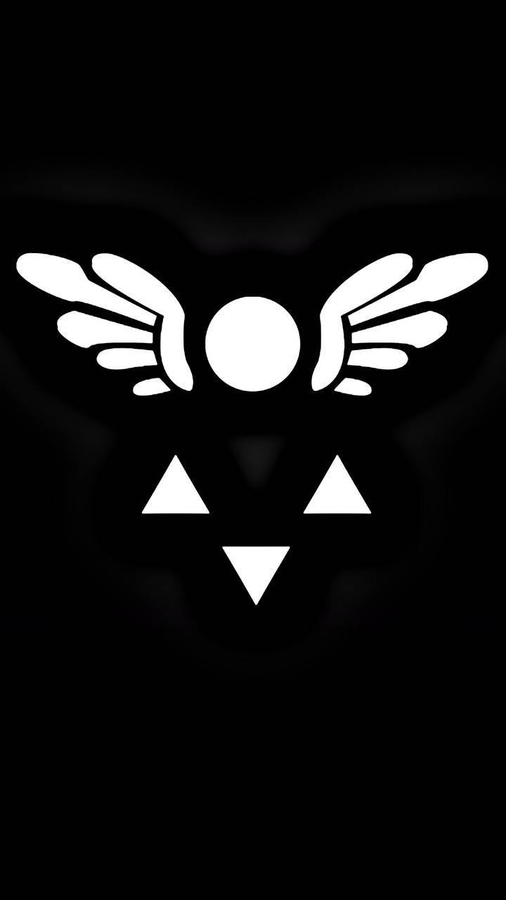 Deltarune 桌布 壁紙 — 一個極簡白色風格化的臉，帶有翅膀的手臂和三角形的眼睛和嘴巴，置於純黑色背景上。