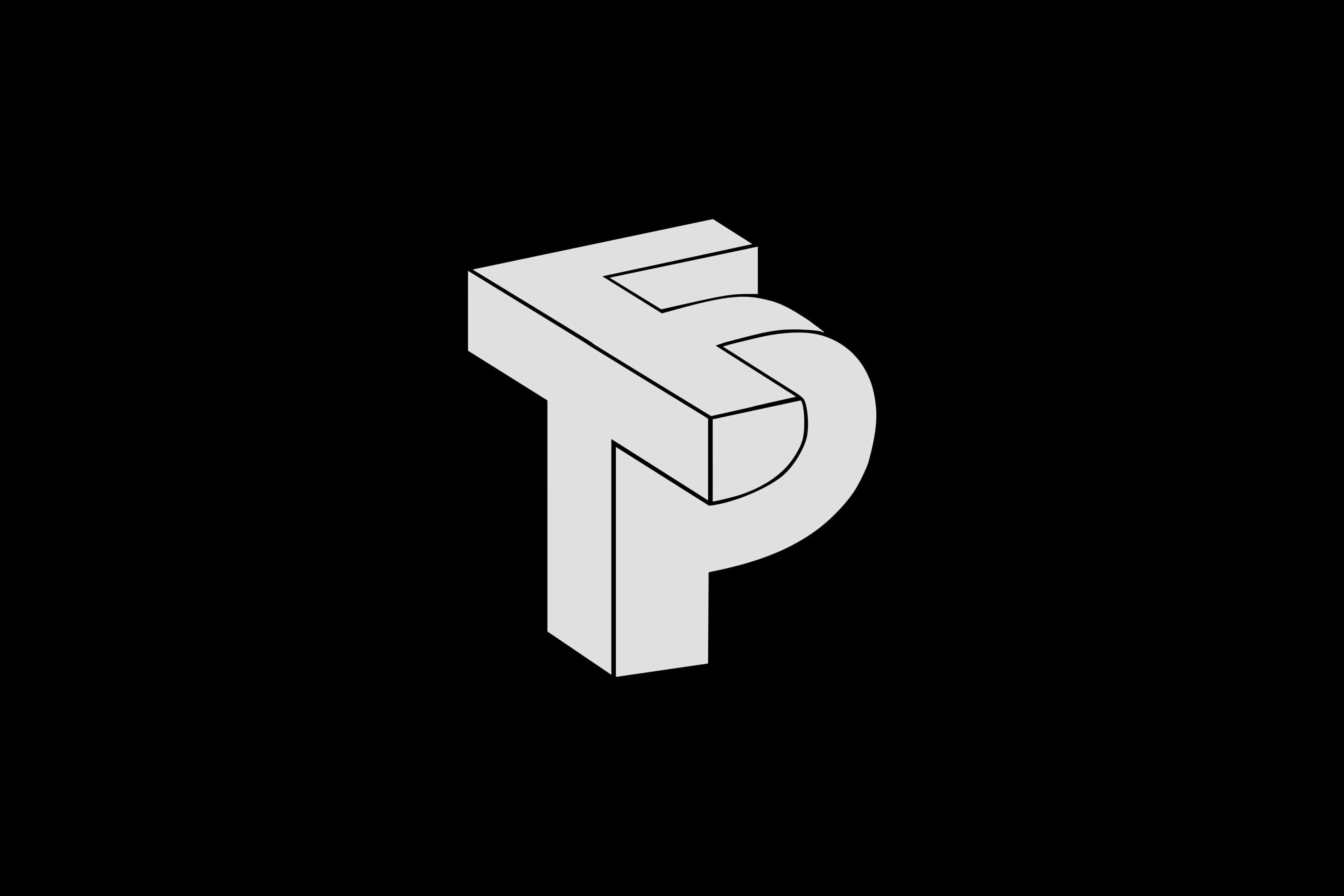 Ftp 桌布 壁紙 — 一個極簡的3D字母組合標誌，由淺灰色的交織字母F和P組成，位於純黑色背景上。