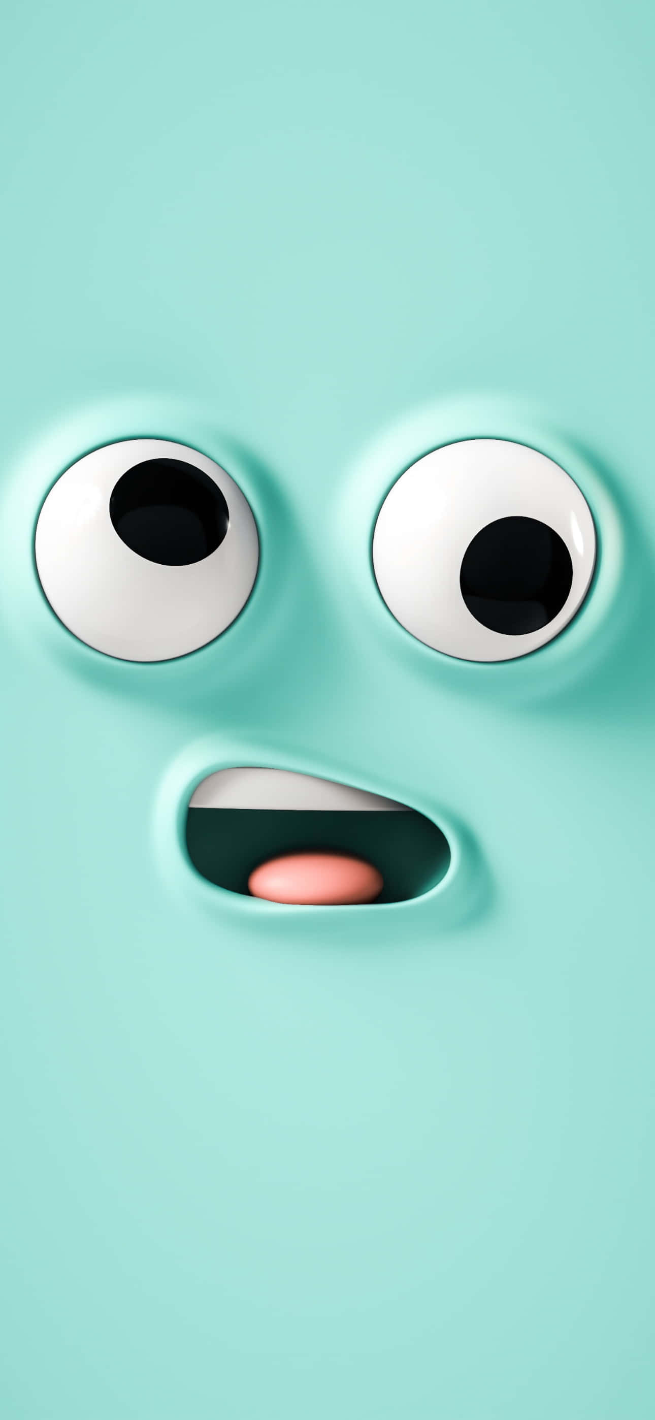 Cartoon Aesthetic iPhone 桌布 壁紙 — 一個極簡的3D渲染卡通臉，有大眼睛和張開的嘴巴，在純薄荷綠色背景上。
