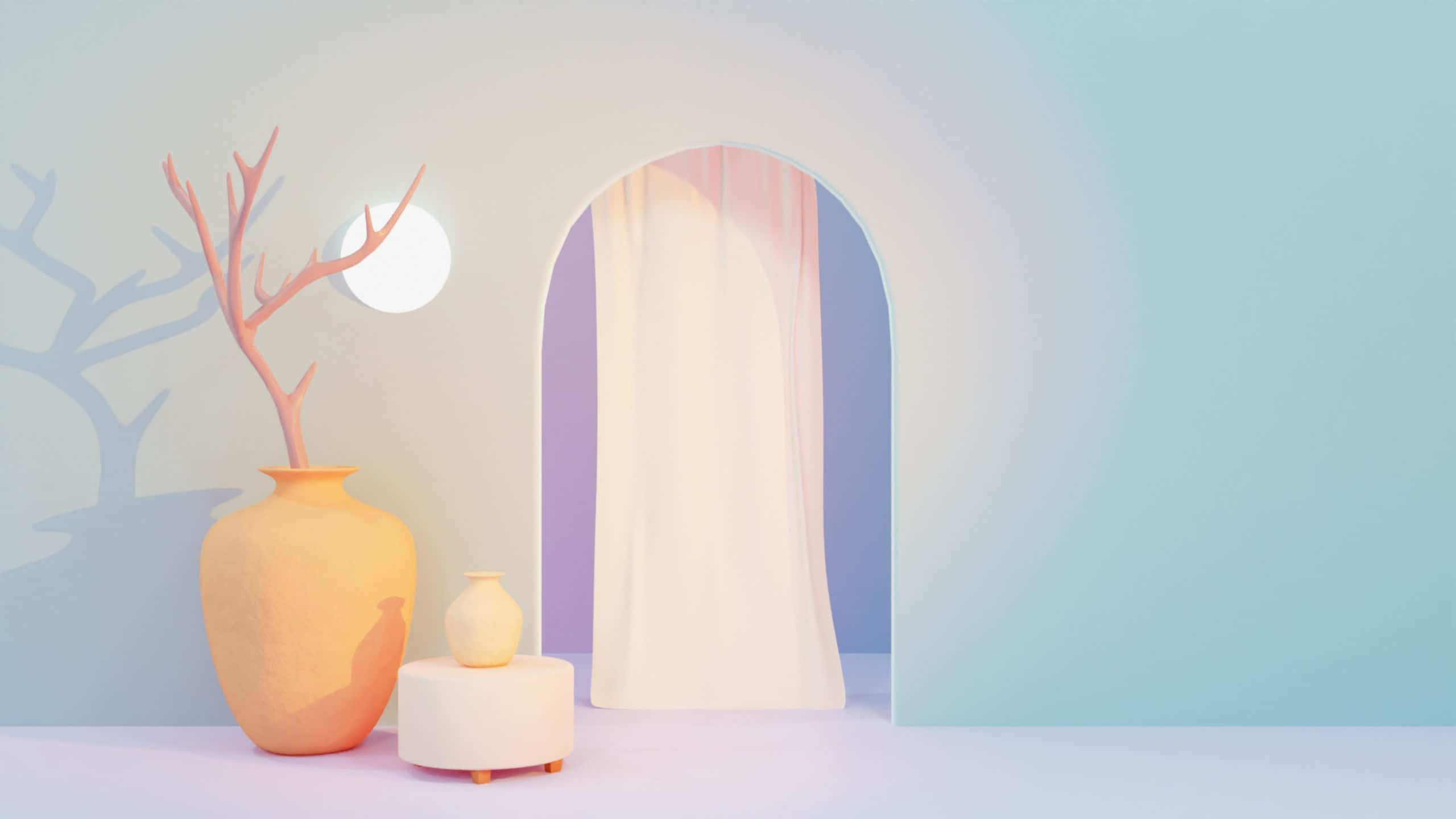 pastel 桌布 壁紙 — 一個極簡的3D渲染場景，有柔和色調的牆壁、一個掛著柔軟布料的拱門，以及一個插著珊瑚枝的赤陶花瓶。
