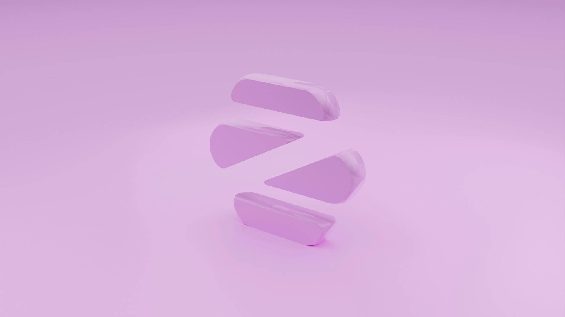 淡紫色 桌布 壁紙 — 一個極簡的3D渲染抽象標誌，由四個半透明的薰衣草色幾何形狀組成，漂浮在柔和的漸變背景上。