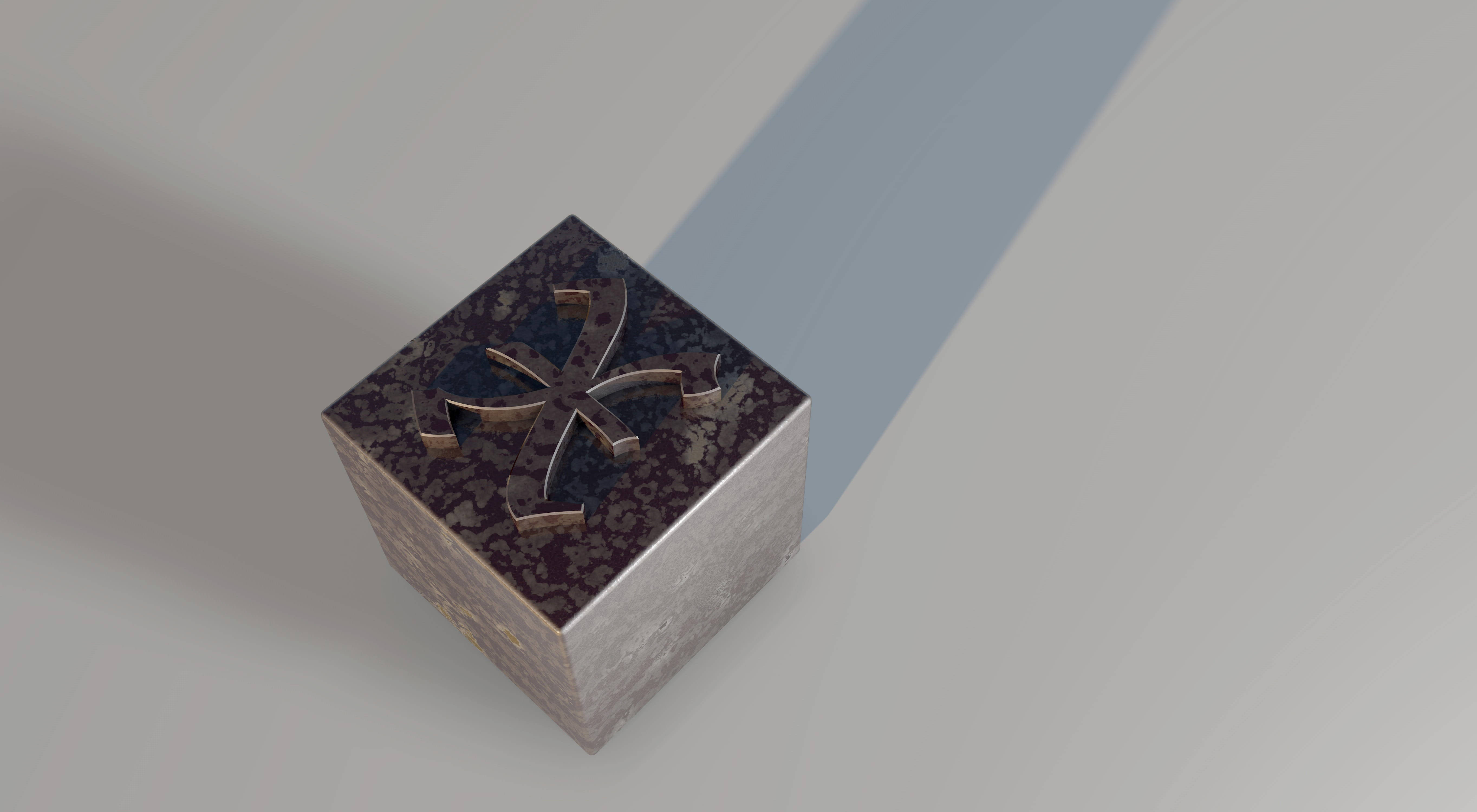 X 桌布 壁紙 — 一個極簡的3D渲染立方體，頂部為深色大理石紋，帶有金屬十字標誌，放置在淺灰色表面上，帶有柔和陰影。