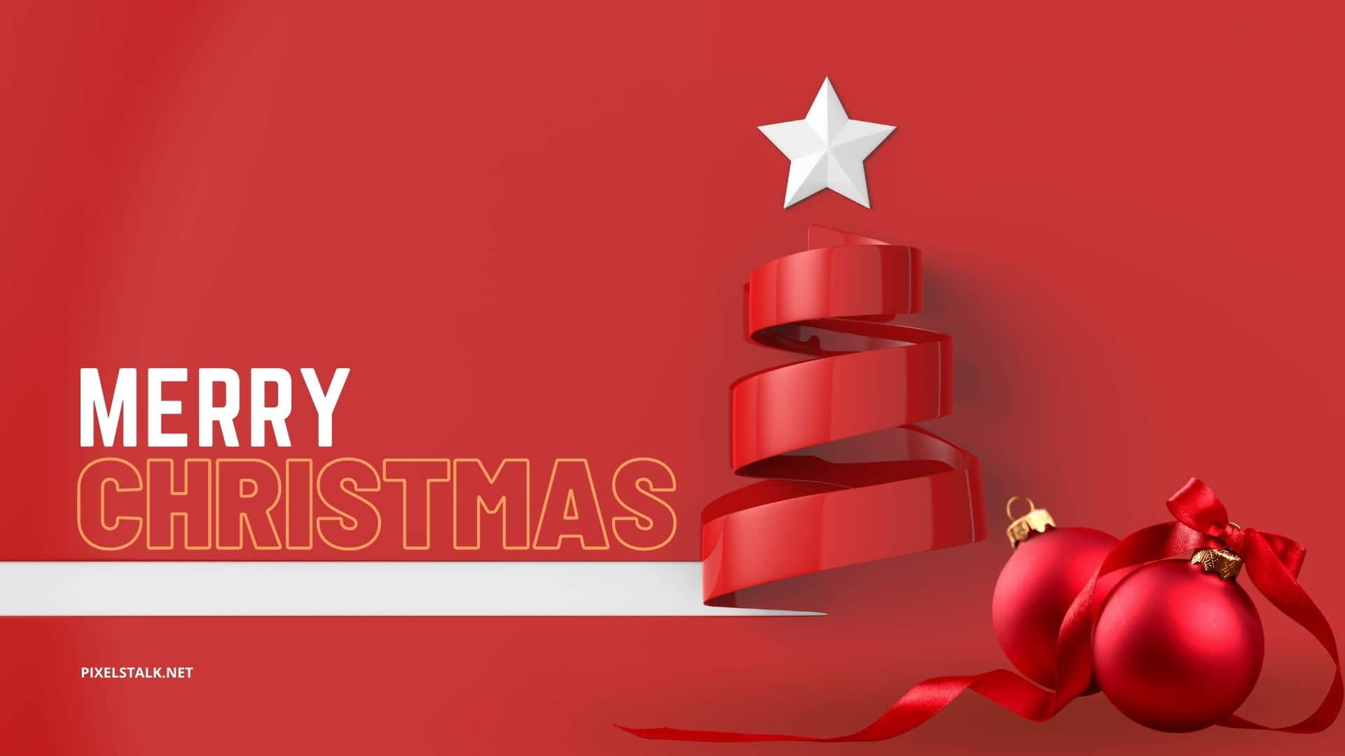 Cute Simple Christmas 桌布 壁紙 — 一個極簡的3D渲染紅色絲帶聖誕樹，頂部有一顆白色星星，旁邊是光澤的紅色裝飾品，背景為純紅色。