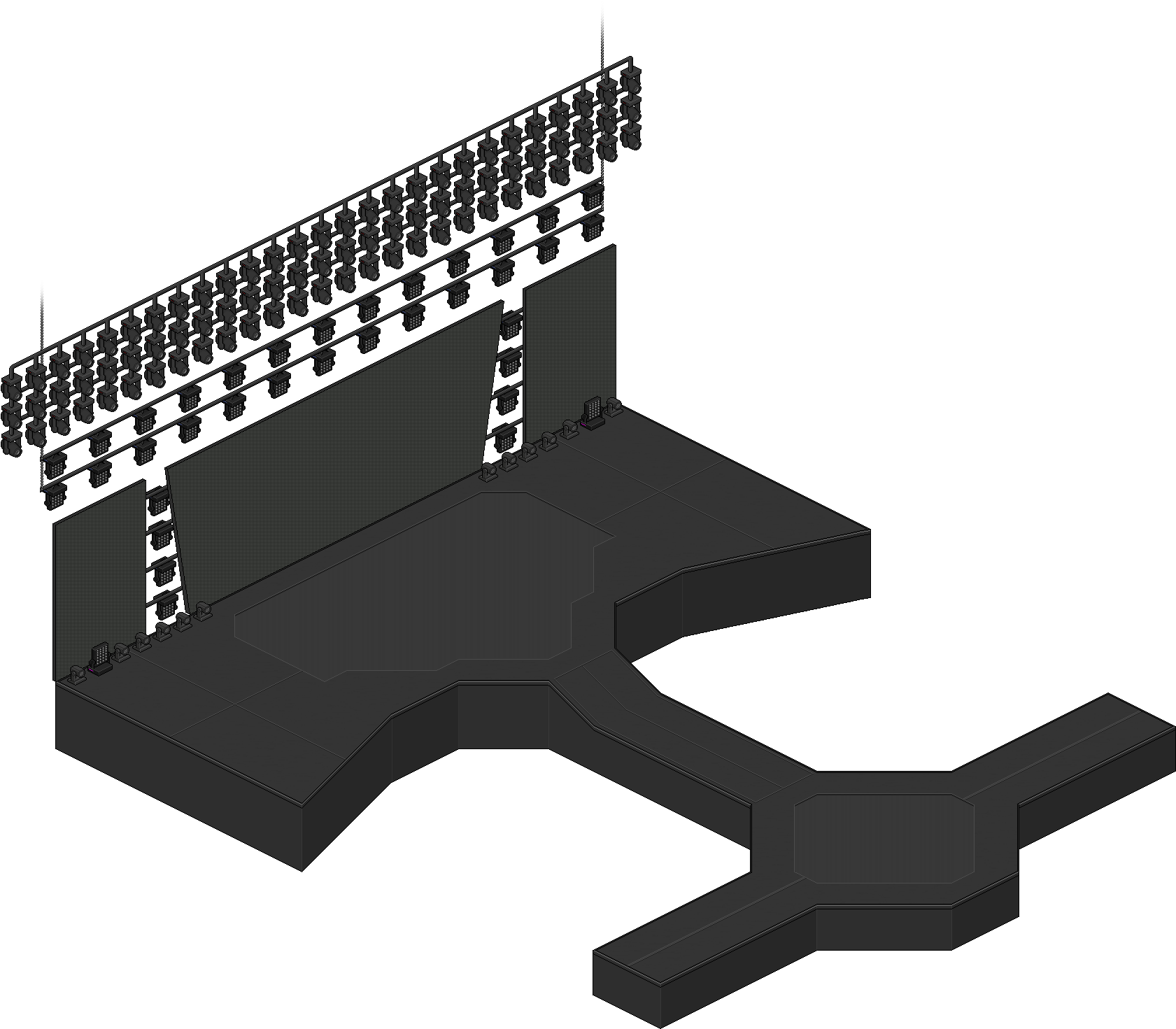 Concert Stage 桌布 壁紙 — 一個極簡的3D渲染舞台，帶有幾何平台和網格燈光，背景為黑色。