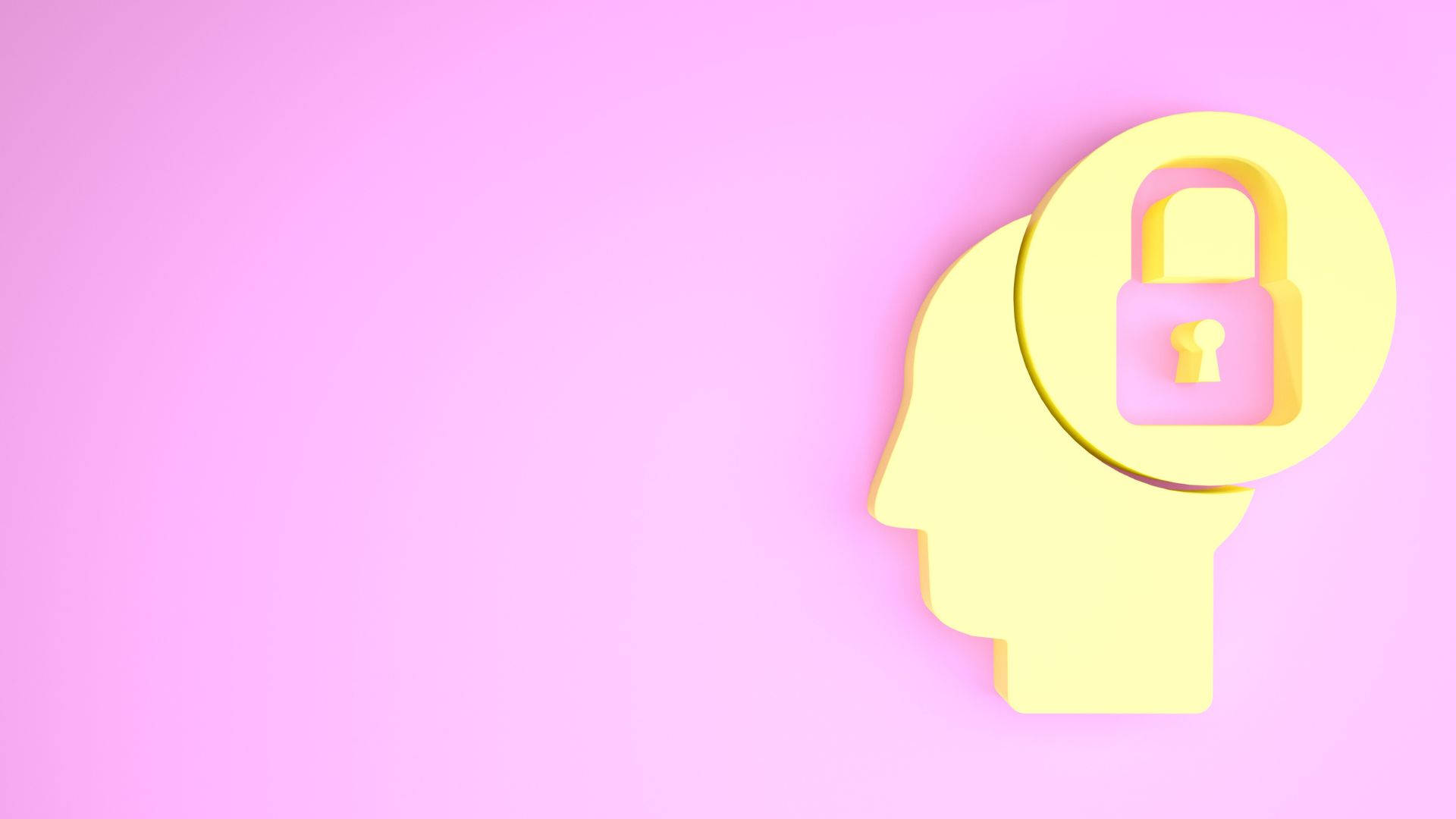 Brain 桌布 壁紙 — 一個極簡的3D渲染黃色頭部剪影，額頭上方漂浮著一個掛鎖圖標，背景為柔和的粉紅色。