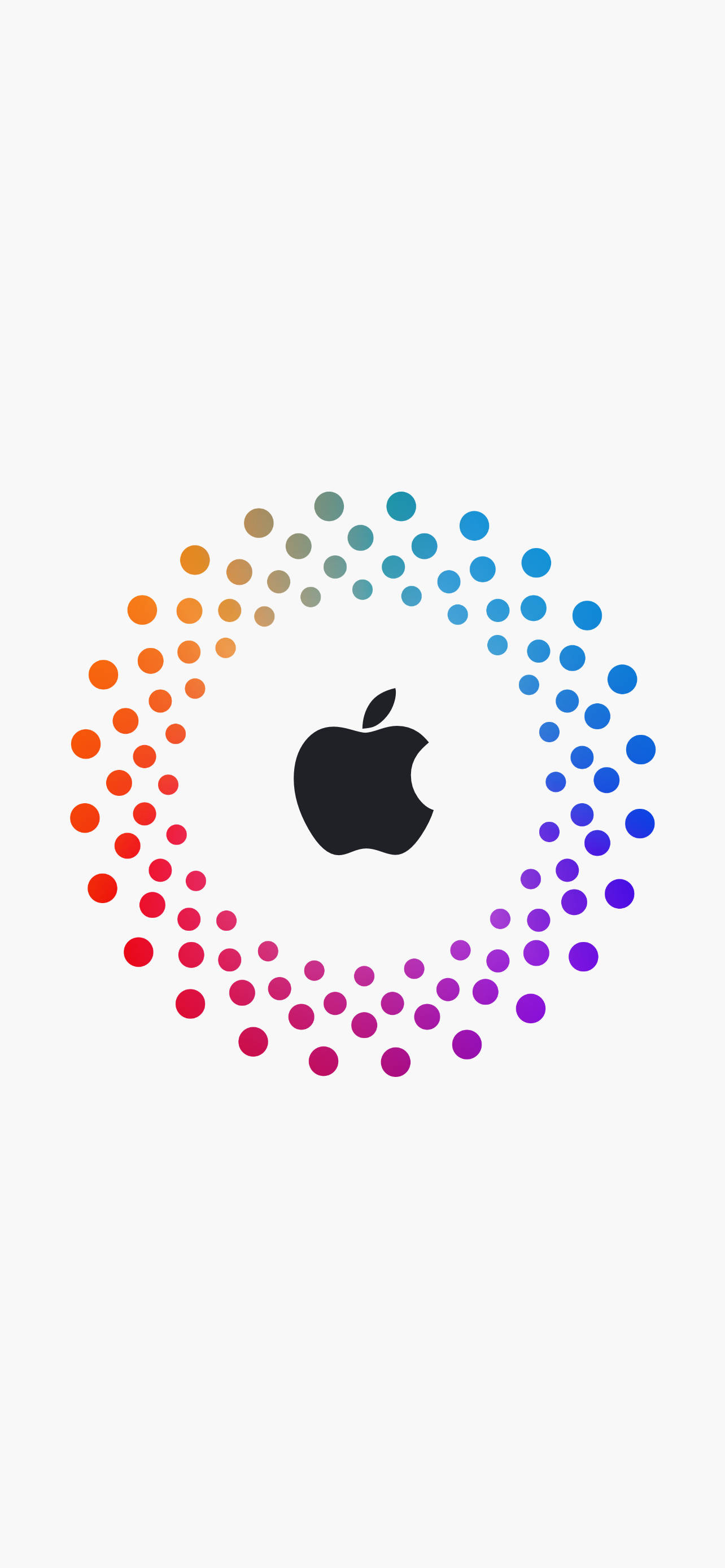 彩色動圖 桌布 壁紙 — 一個極簡的Apple標誌，置中於一個充滿活力的彩虹點漸變圓圈內，背景為淺灰色。