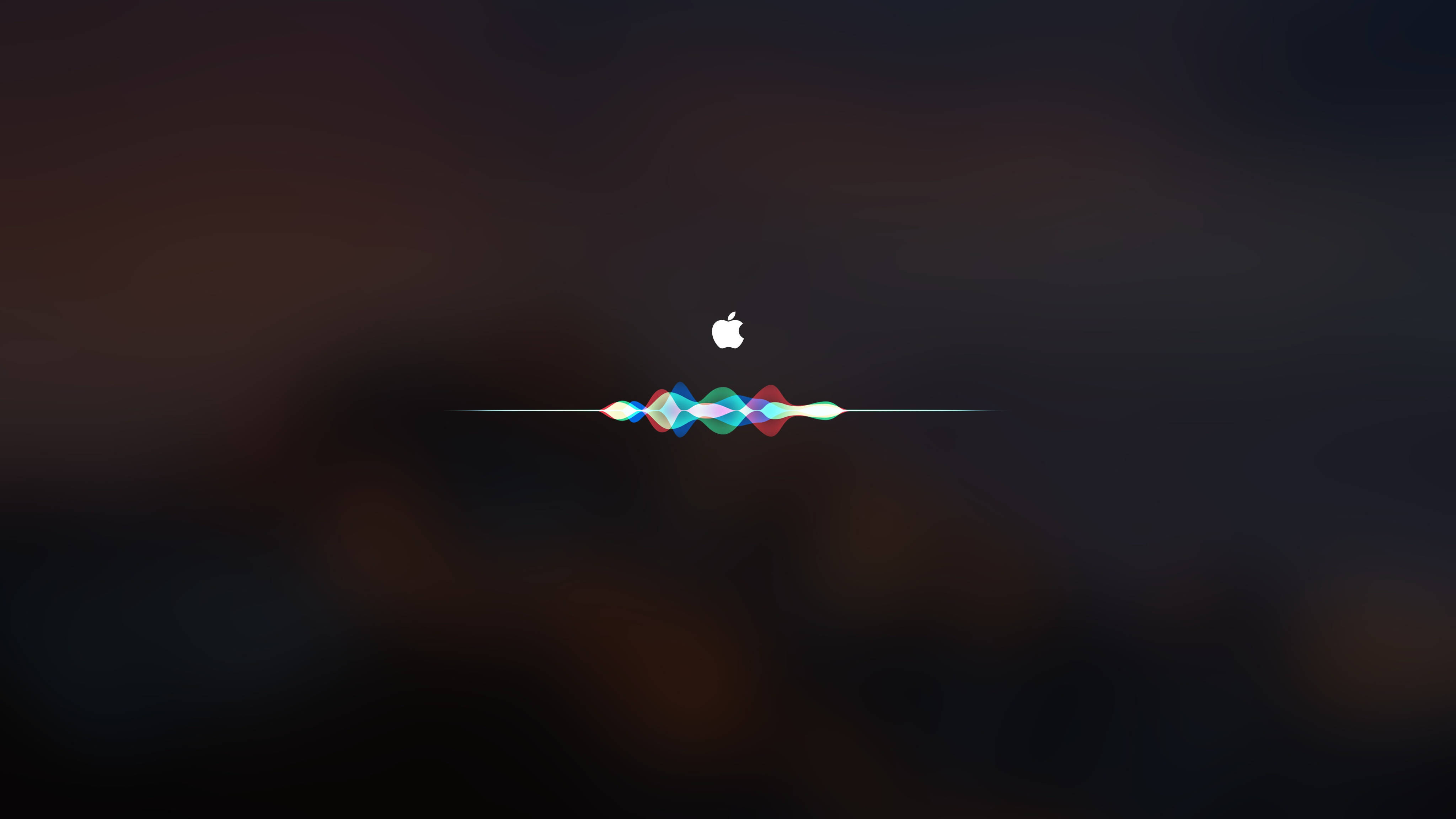 Apple 4K Ultra HD 桌布 壁紙 — 一個極簡的Apple標誌居中放置在色彩繽紛的波形上方，背景為深色模糊效果。