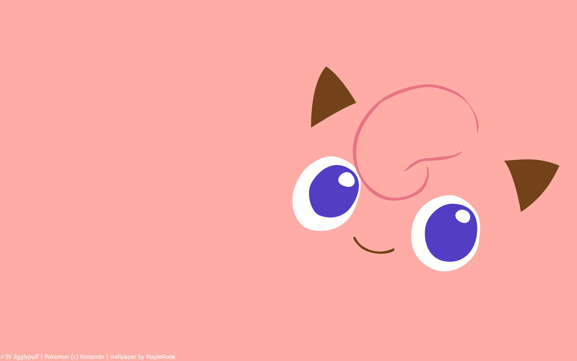 Jigglypuff 桌布 壁紙 — 一個極簡的Jigglypuff卡通臉從右邊探出，有著大大的藍色眼睛和溫柔的微笑，背景是柔和的粉紅色。