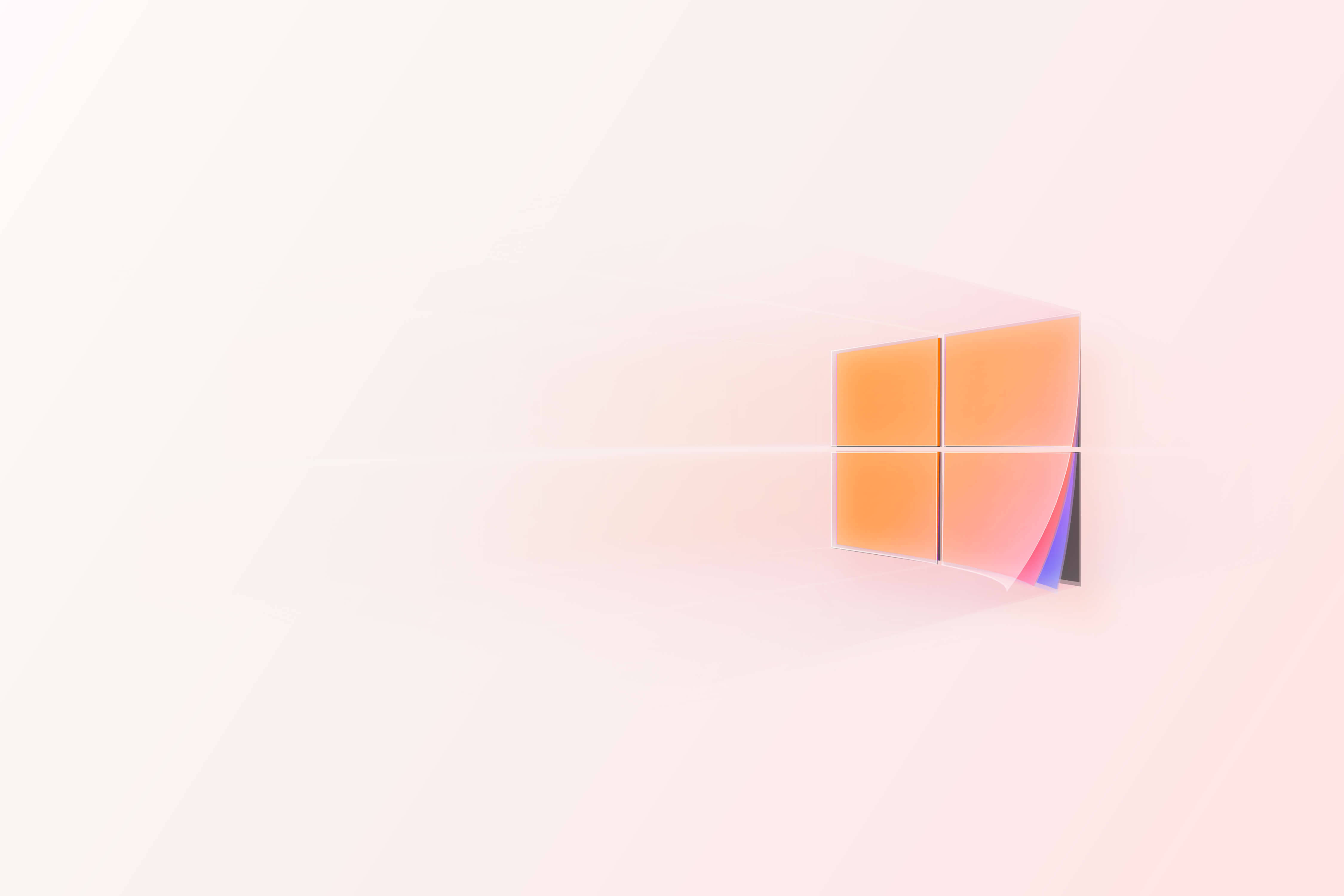 Windows 10 高畫質 桌布 壁紙 — 一個極簡的Windows標誌，帶有漸變橙色和紫色面板，漂浮在柔和的粉紅色和白色抽象背景上。
