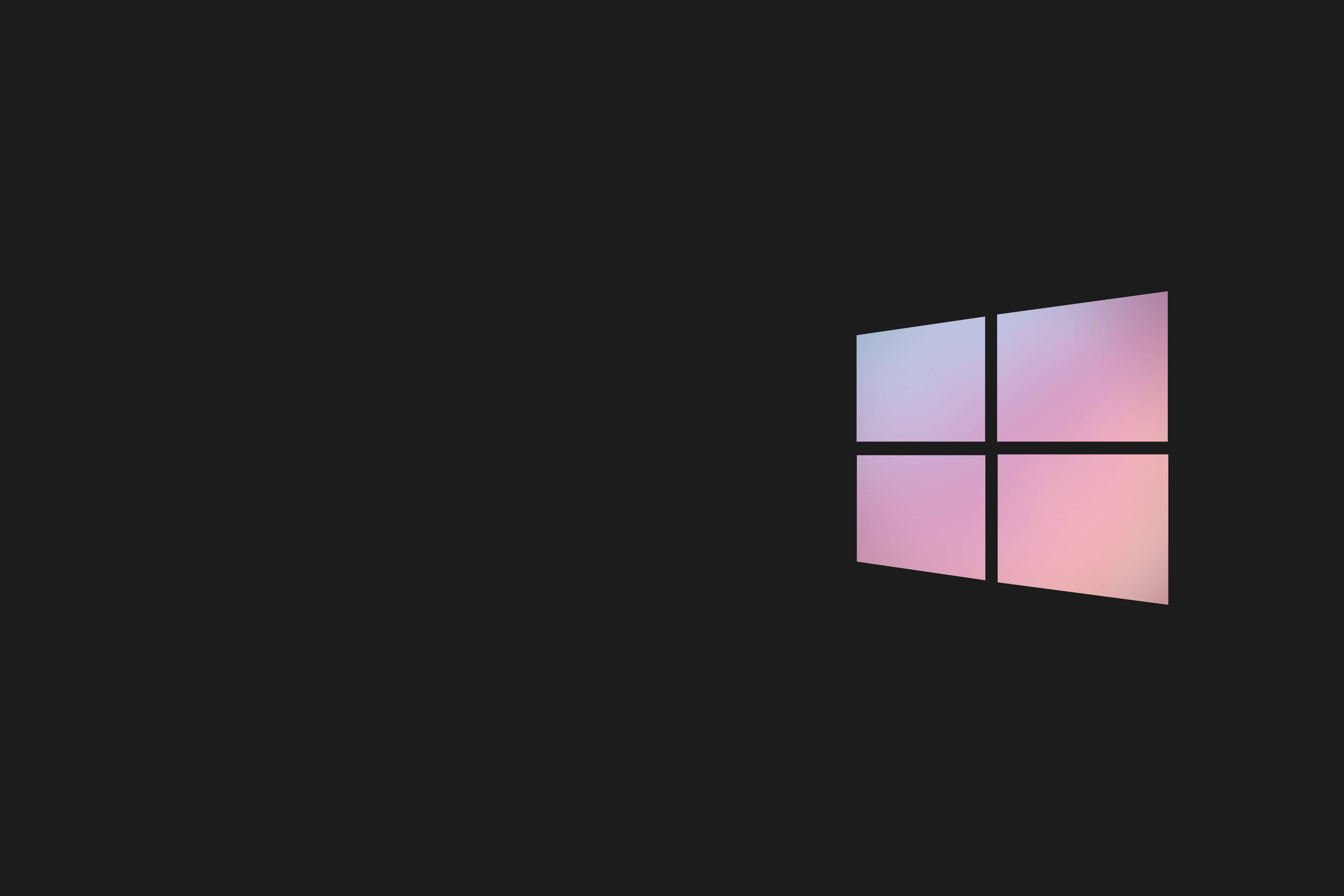 Dark Windows 桌布 壁紙 — 一個極簡的Windows標誌在純黑色背景上以柔和的粉紅色和紫色漸變發光。