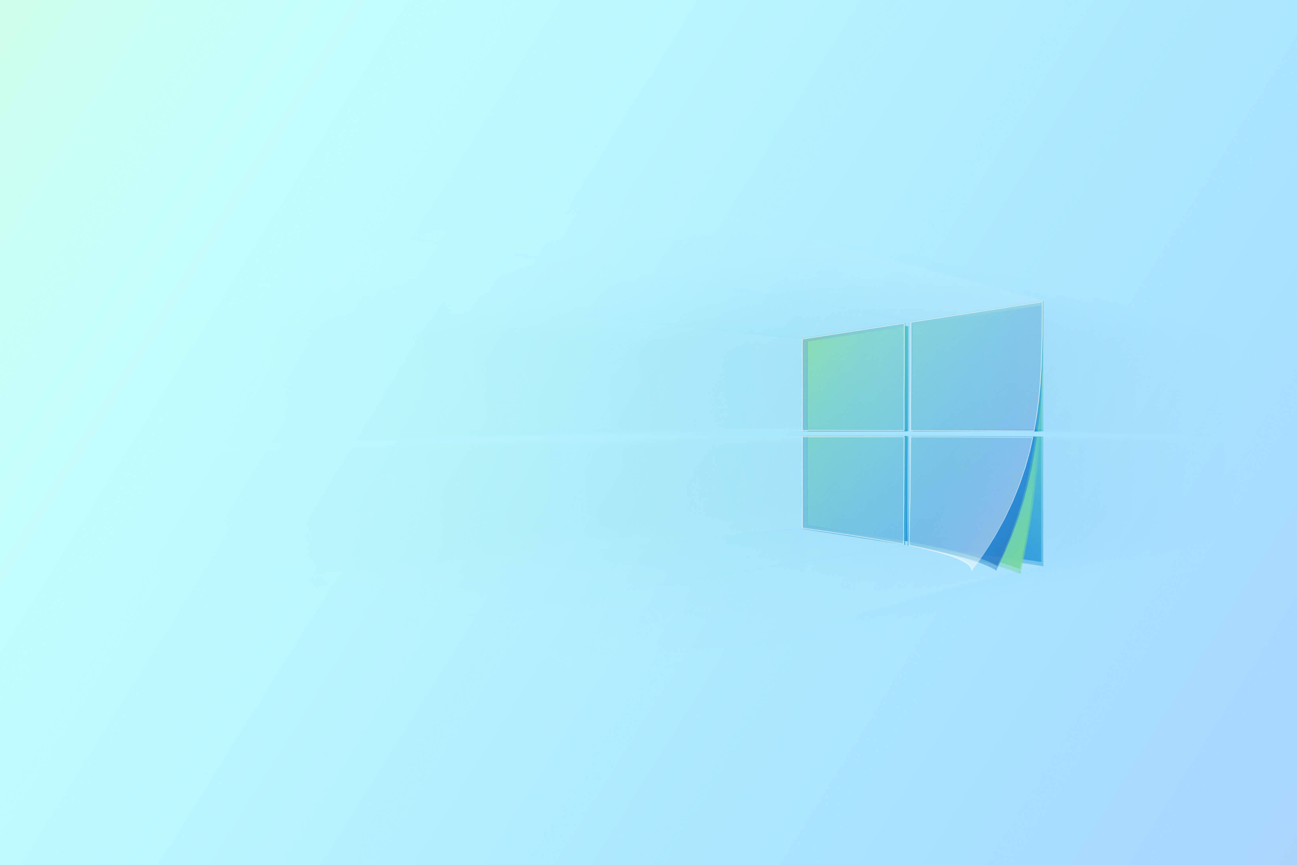 Windows 10 高畫質 桌布 壁紙 — 一個極簡的Windows標誌漂浮在淺藍色和薄荷綠的柔和漸變背景上，帶有微妙的對角線條紋。