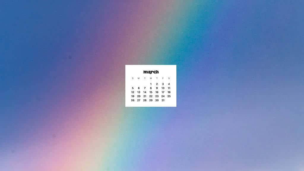 March Desktop 桌布 壁紙 — 一個極簡的三月日曆漂浮在柔和漸變的天空中，融合了藍色、紫色和粉紅色調。