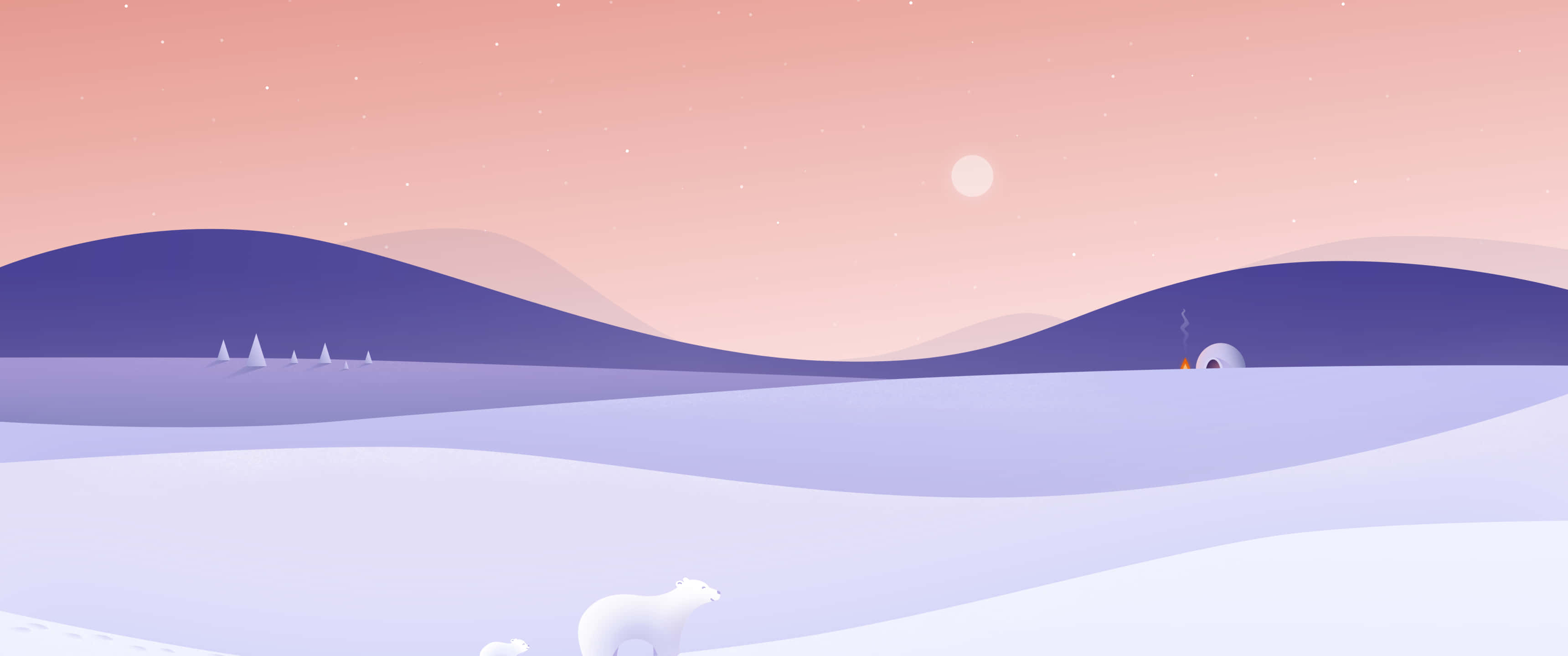 桌布 壁紙 — 一個極簡的冬季景觀，有起伏的雪丘、一隻北極熊和遠處的冰屋，在柔和的粉紫色暮色天空下。