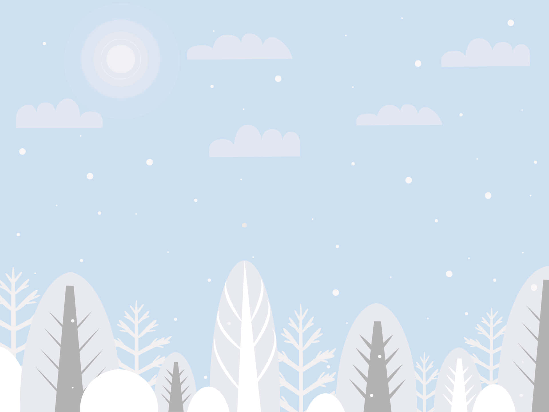 Cute Winter 桌布 壁紙 — 一個極簡的冬季森林，雪覆蓋的樹木在淡藍色的天空下，伴隨著柔軟的雲朵和飄落的雪花。