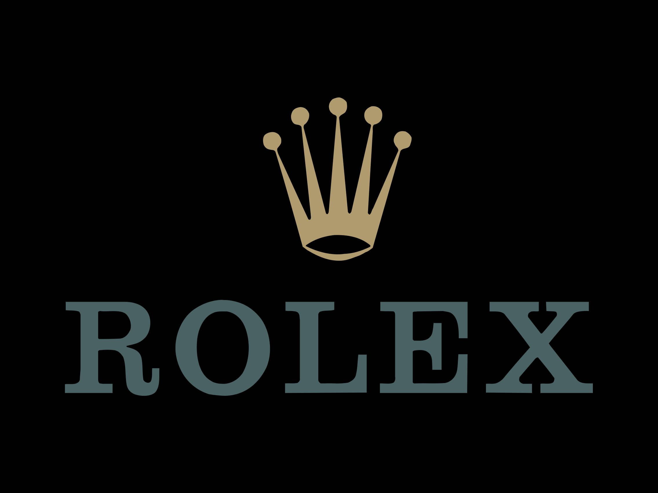 Rolex 桌布 壁紙 — 一個極簡的勞力士標誌，金色皇冠位於品牌名稱之上，名稱以青綠色呈現，背景為黑色。