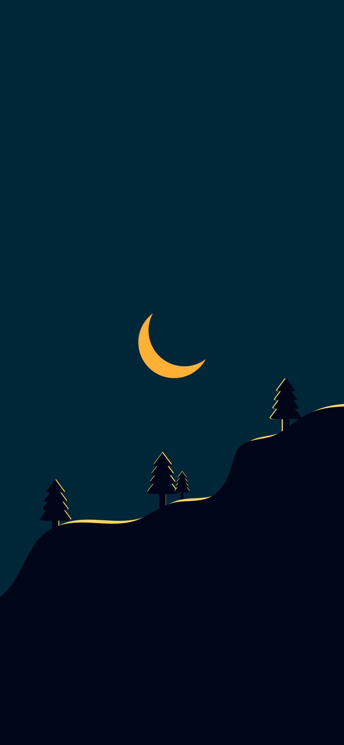Minimalist Phone 桌布 壁紙 — 一個極簡的夜景，在黑暗的山丘上，發光的彎月懸掛在剪影松樹之上。