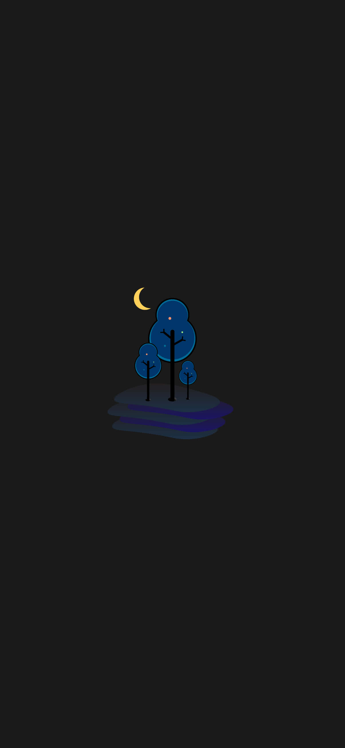 桌布 壁紙 — 一個極簡的夜景，在黑暗的浮島上有新月在風格化的藍色樹木上方。