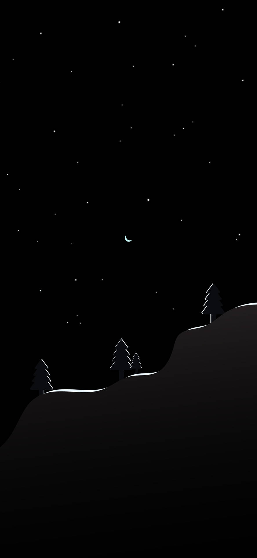 黑暗山丘上的樹木，在帶有新月的星空夜空下。 — 極簡黑色手機桌布 壁紙