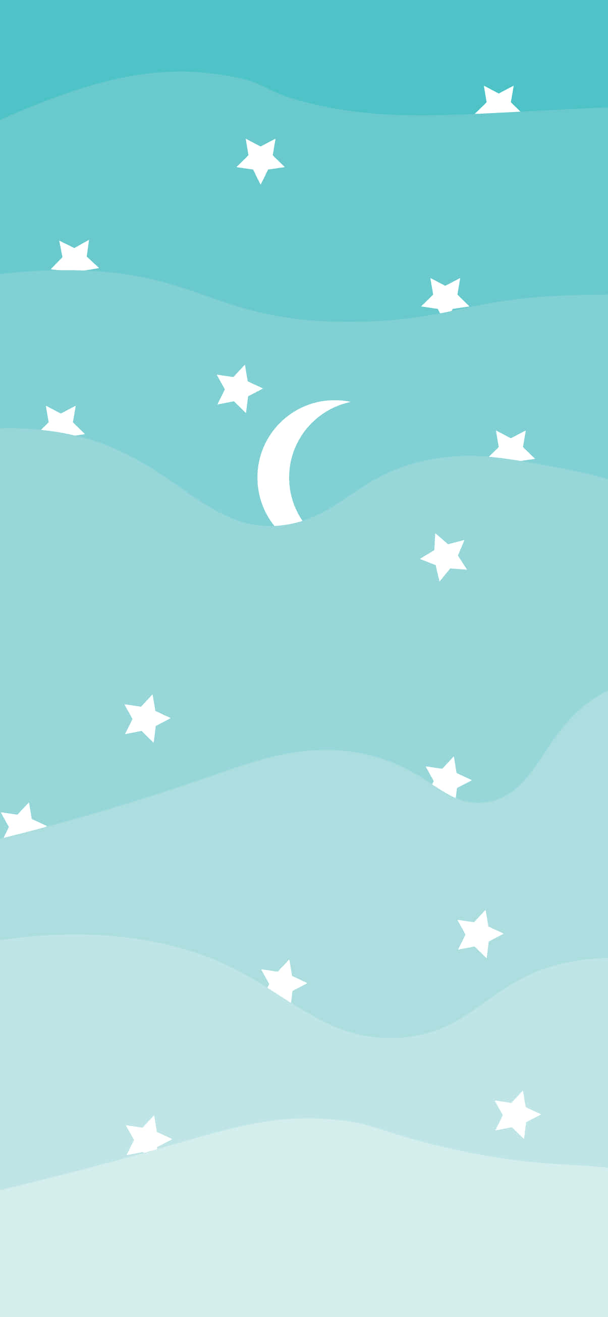 青色GIF 桌布 壁紙 — 一個極簡的夜空，新月和星星漂浮在柔和的層疊青綠色山丘之上。