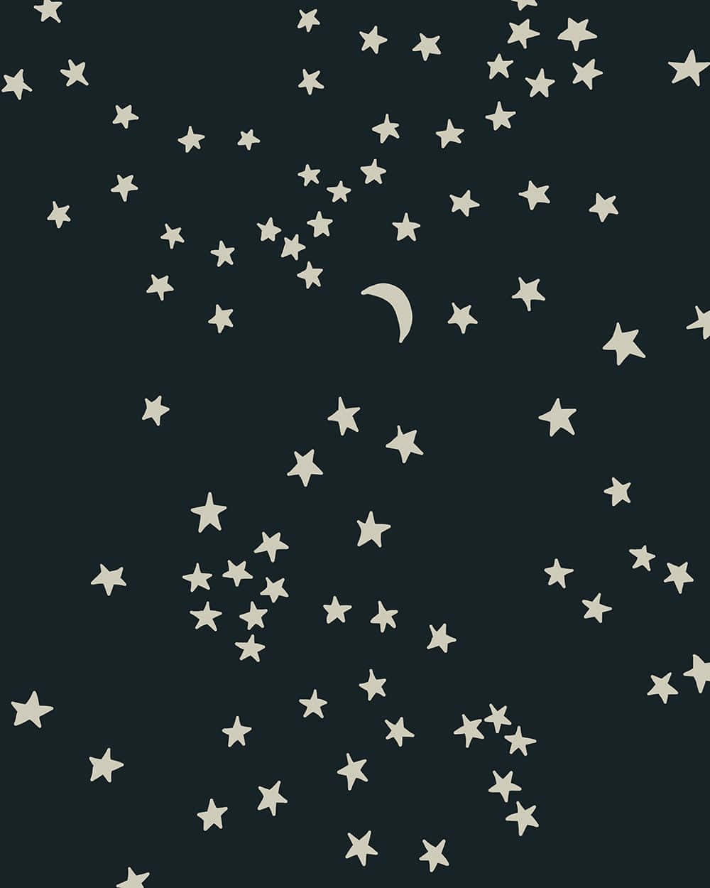 月亮與星星 桌布 壁紙 — 一個極簡的夜空，深青色背景上散落著奶油色的星星和一彎新月。