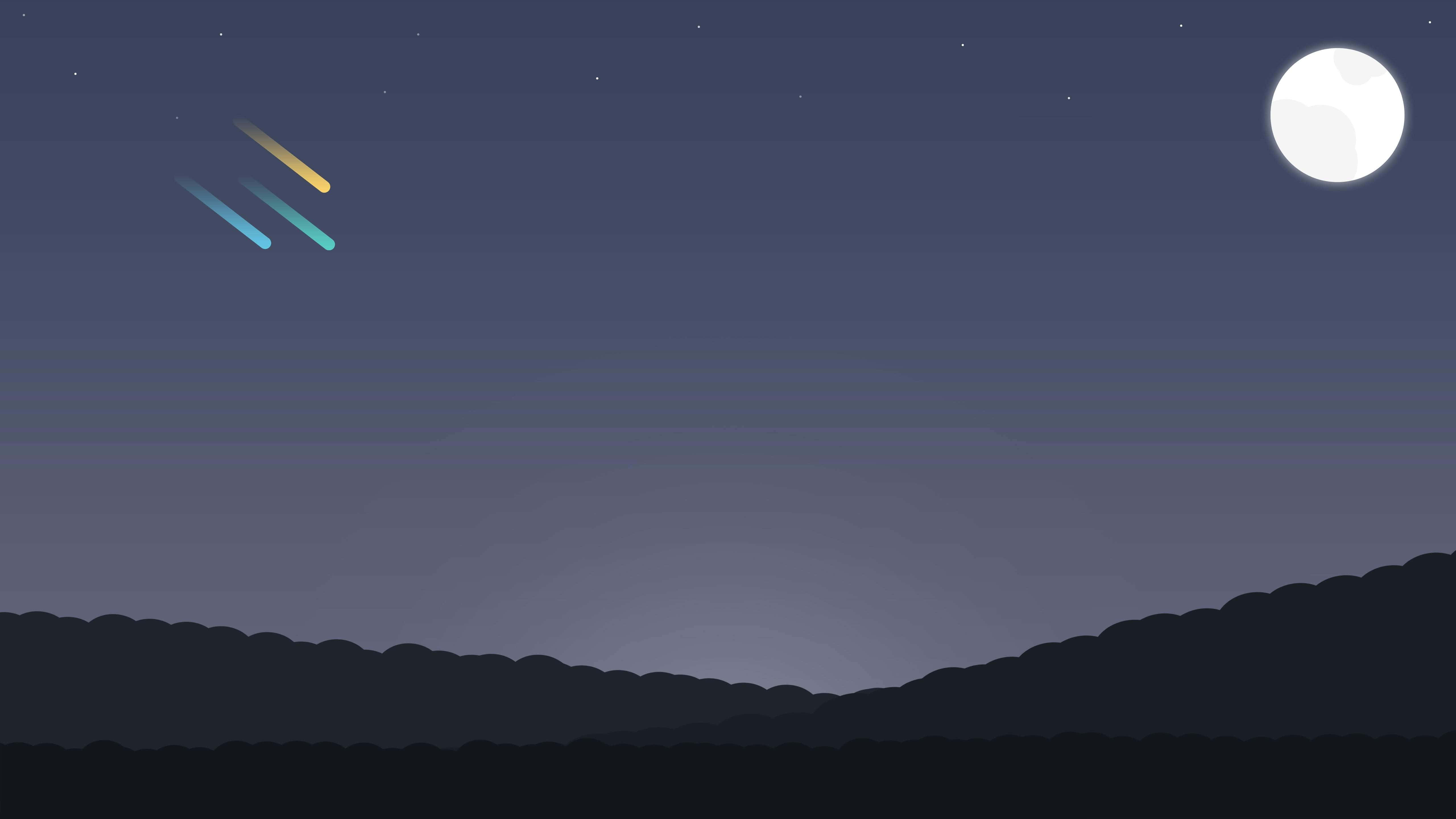 月光 桌布 壁紙 — 一個極簡的夜空，滿月和色彩繽紛的流星劃過黑暗的剪影山丘。