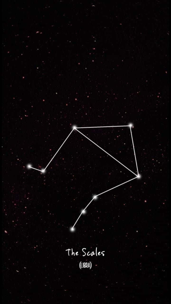 星座 桌布 壁紙 — 一個極簡的天秤座星座圖，在繁星點點的夜空和微弱的宇宙塵埃中閃耀。
