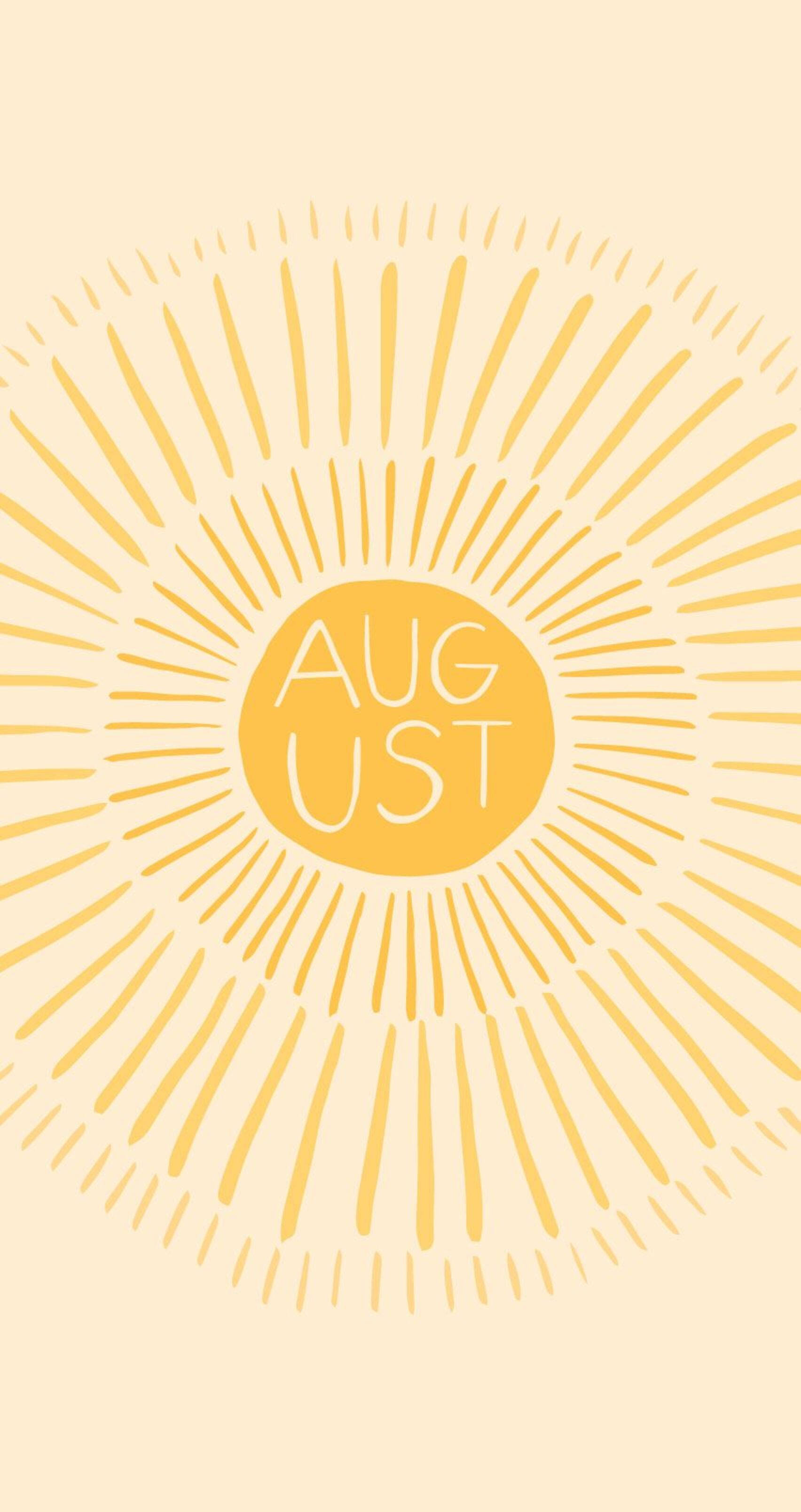 August 桌布 壁紙 — 一個極簡的太陽光線插圖，中央有一個溫暖的黃色圓圈，裡面有 August 字樣，背景是柔和的奶油色。