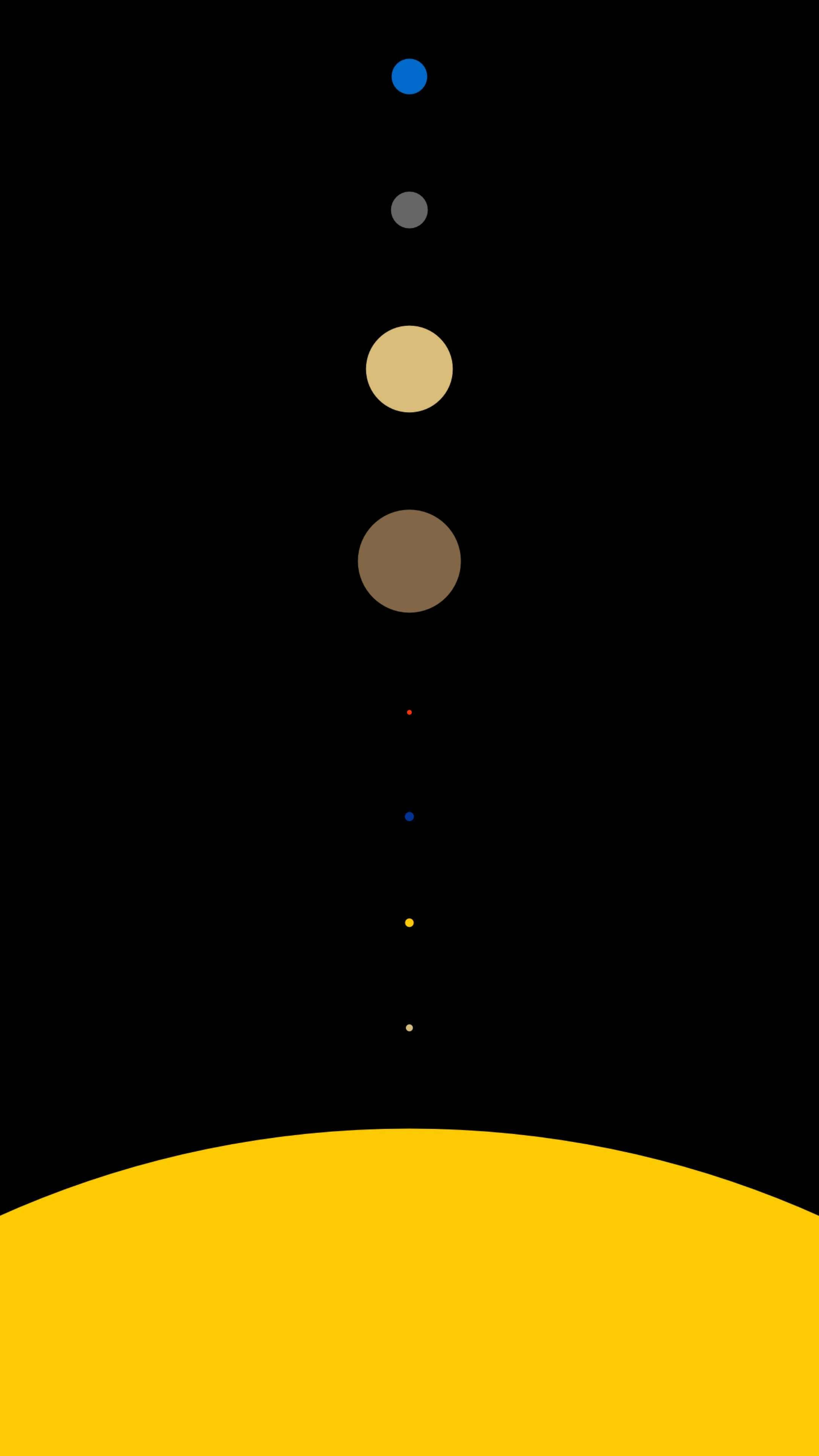 Minimalist Phone 桌布 壁紙 — 一個極簡的宇宙場景，在黑色虛空中有一條彎曲的黃色地平線和各種顏色和大小的垂直點。