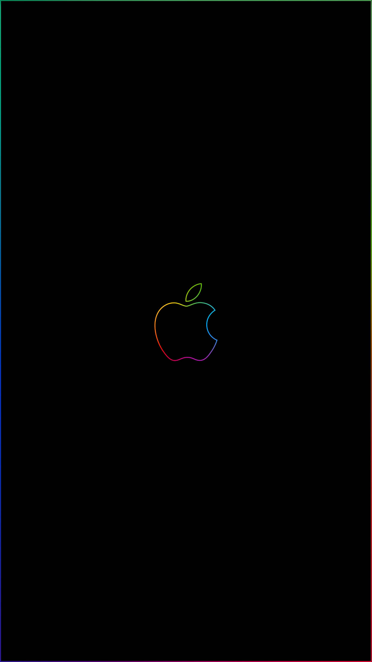 Outline 桌布 壁紙 — 一個極簡的彩虹輪廓Apple標誌，居中放在黑色背景上，帶有細彩色邊框。