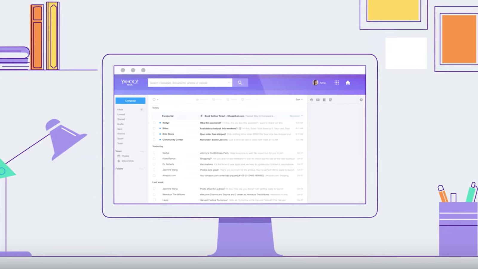 Yahoo Mail 桌布 壁紙 — 一個極簡的數位插圖，展示一台顯示 Yahoo Mail 收件匣的電腦，周圍環繞著辦公用品和裱框藝術品。