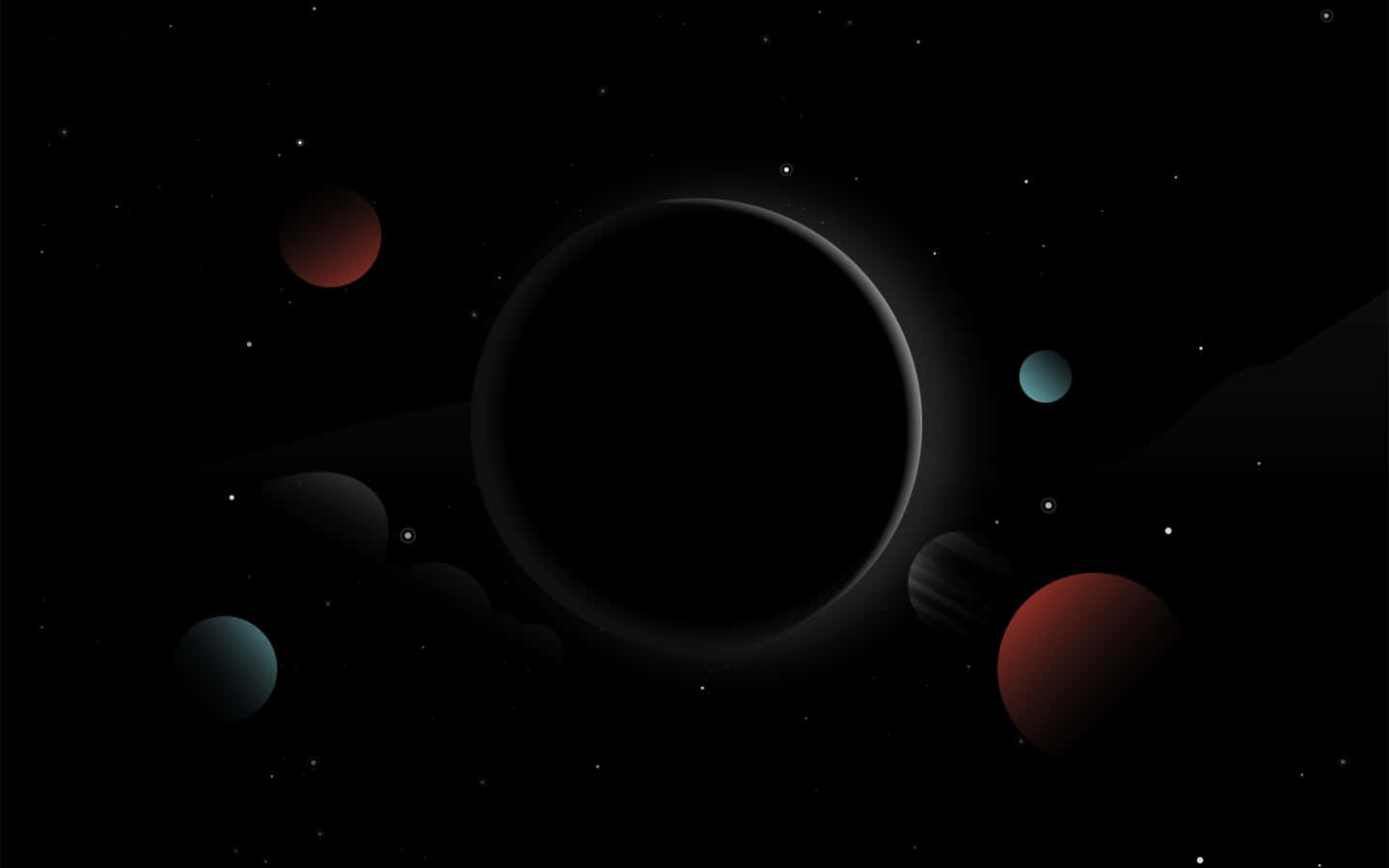 太陽系 桌布 壁紙 — 一個極簡的數位插圖，描繪一顆黑暗行星被發光的紅色和藍綠色球體包圍，背景是繁星點點的黑色虛空。