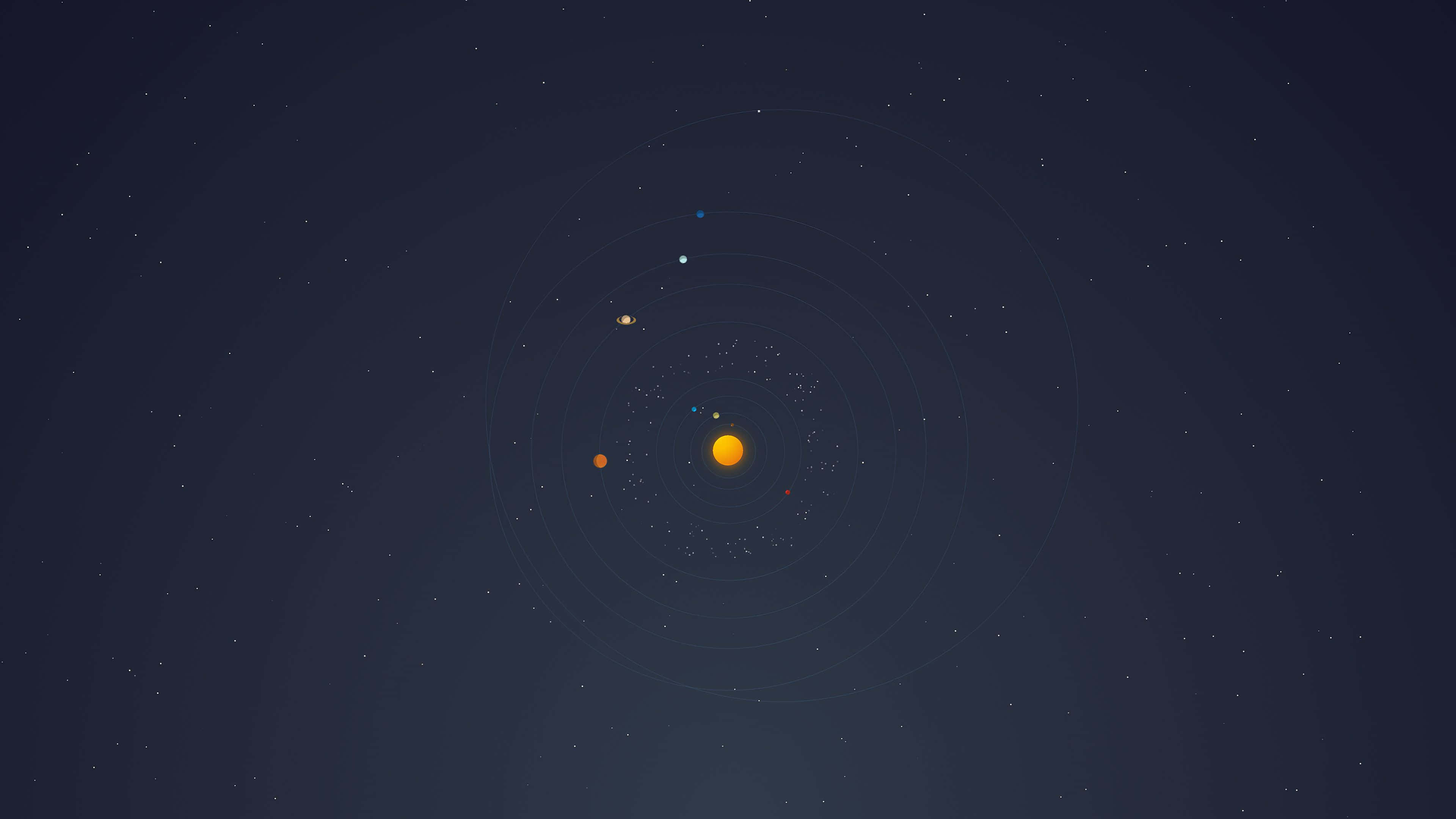 Minimalist Space 桌布 壁紙 — 一個極簡的數位插圖，描繪太陽系，中心有一顆發光的黃色太陽，周圍環繞著軌道行星和微弱的同心環，背景是星光點點的深藍色太空。
