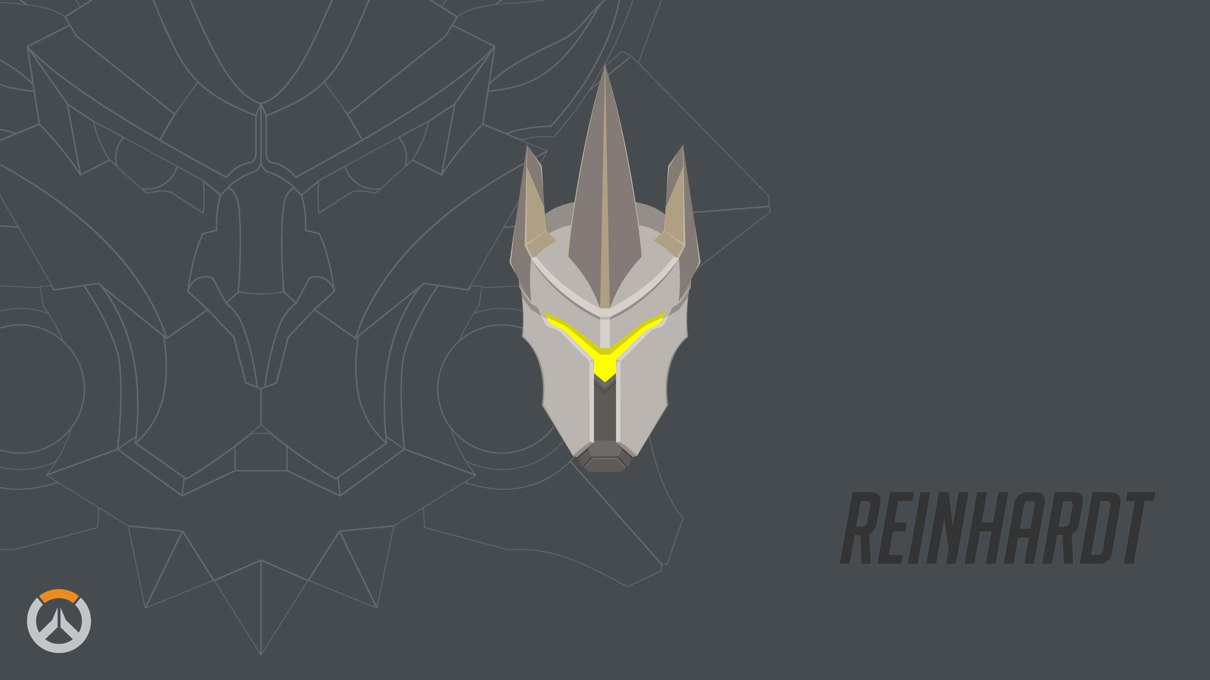 Overwatch Reinhardt 桌布 壁紙 — 一個極簡的數位插圖，描繪萊因哈特的頭盔，帶有發光的黃色眼睛，背景為深灰色，帶有模糊的幾何輪廓。