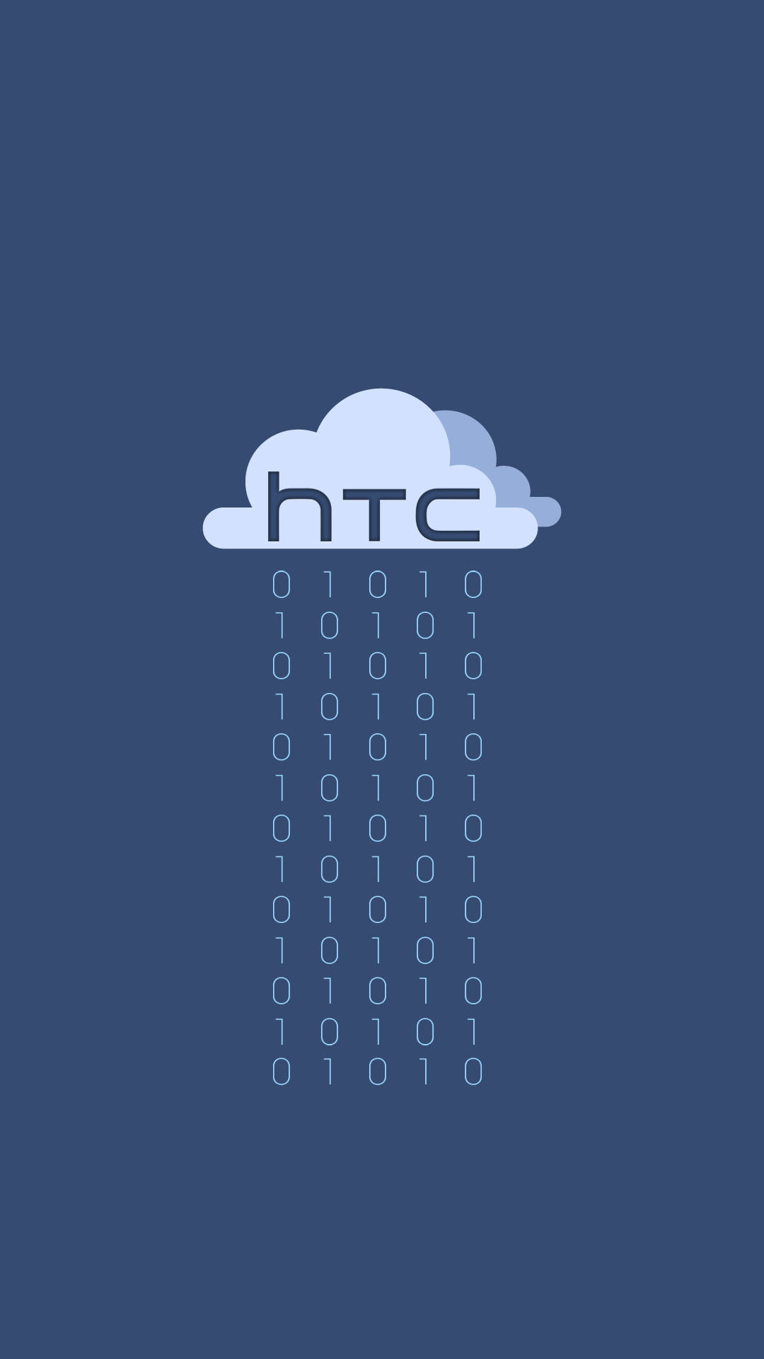 Cloud 桌布 壁紙 — 一個極簡的數位插圖，雲朵帶有 'htc' 標誌，在純藍色背景上下載二進位代碼。