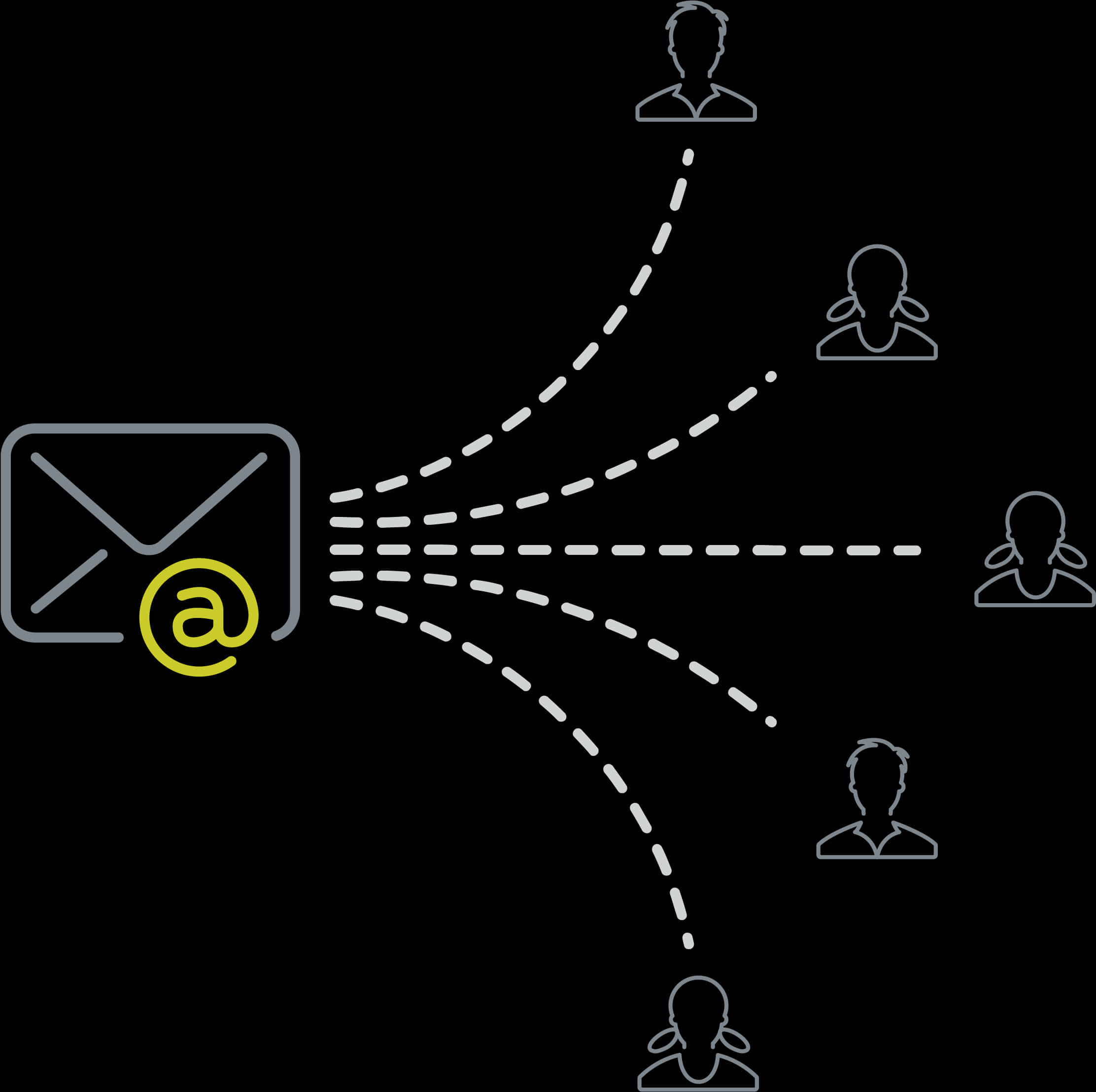 Email 桌布 壁紙 — 一個極簡的數位插圖顯示一個電子郵件圖示向多個使用者個人資料圖示發送訊息。