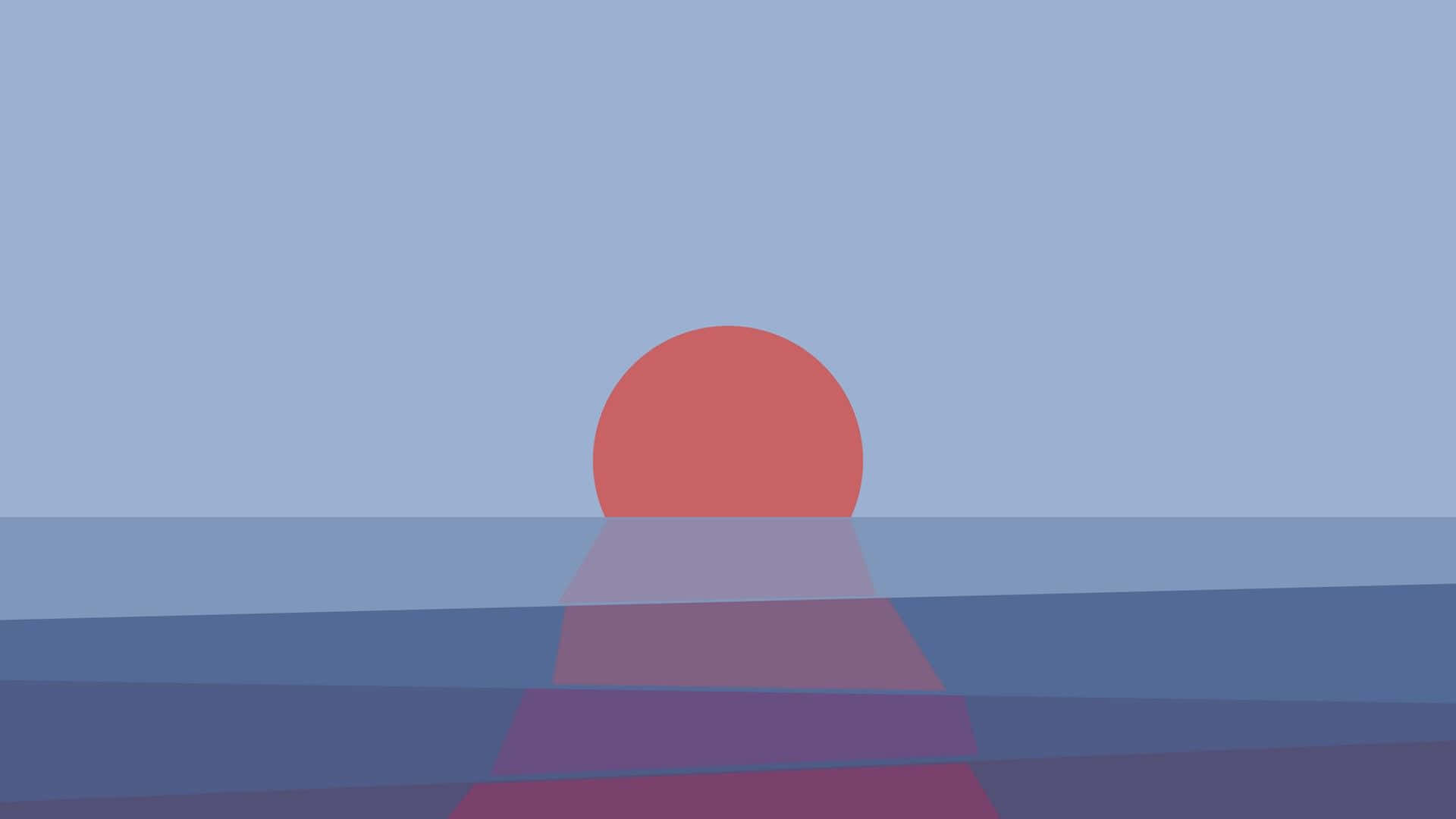 Minimalist Blue 桌布 壁紙 — 一個極簡的數位日落，珊瑚色的太陽懸浮在分層的藍色和紫色地平線上。