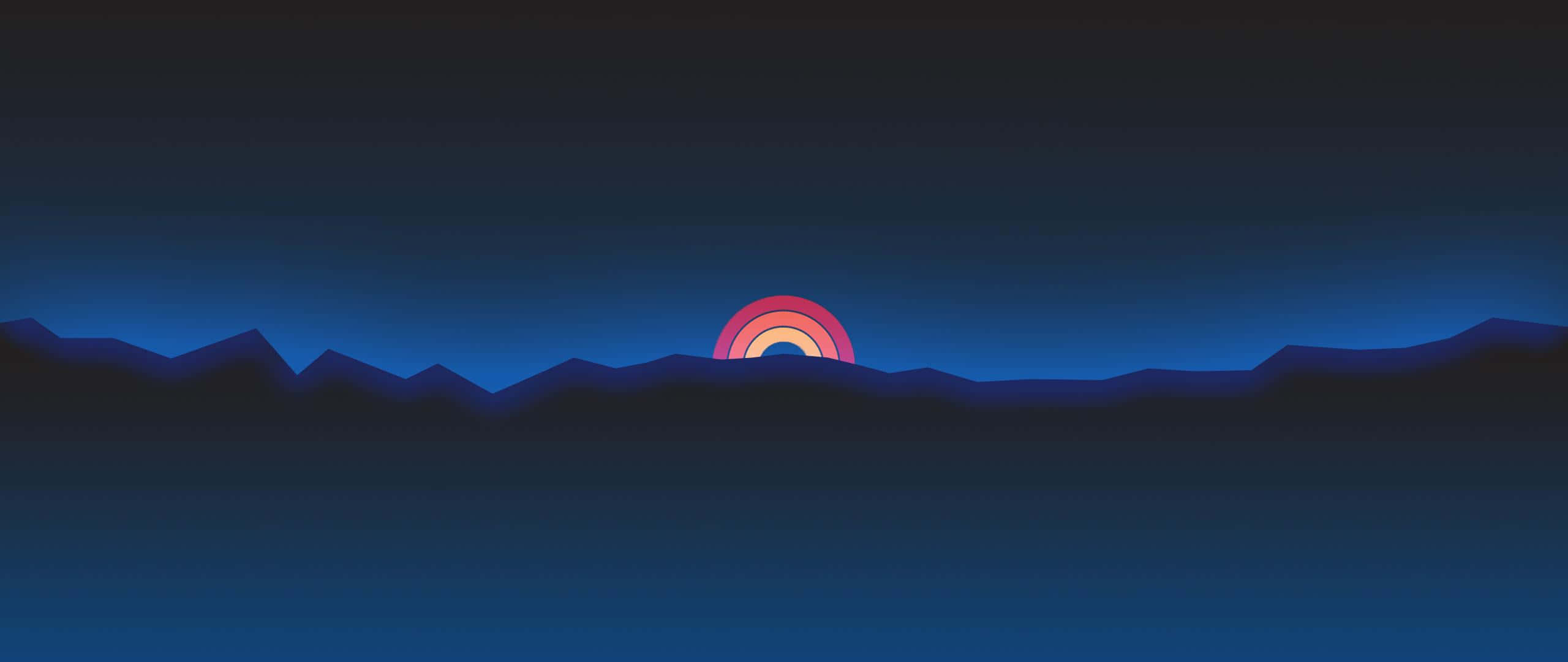 Minimalist Sunset 桌布 壁紙 — 一個極簡的數位日落，色彩繽紛的同心圓太陽從深藍色山脈剪影上升起。