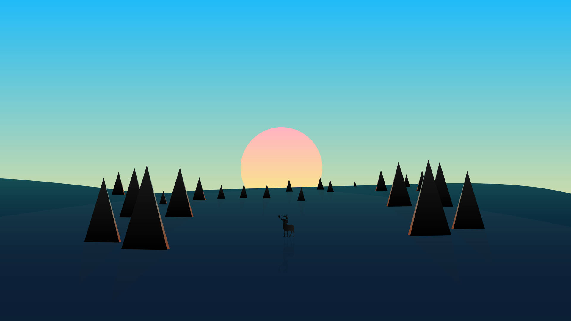 1920X1080 桌布 壁紙 — 一個極簡的數位日落場景，一頭孤獨的鹿站在深色三角形樹木之間，天空呈現漸層色彩。