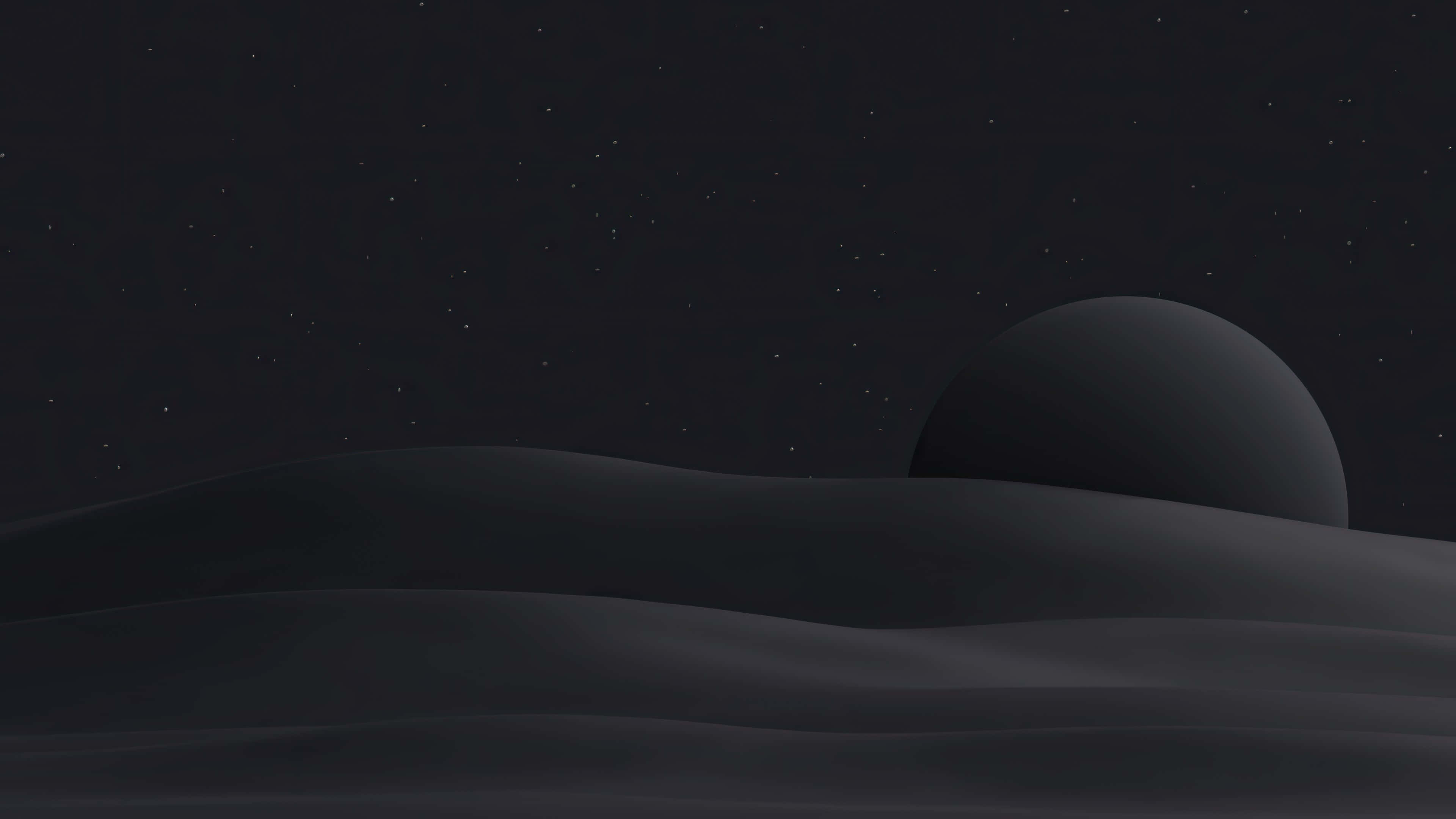 Stars 桌布 壁紙 — 一個極簡的數位景觀，描繪黑暗起伏的山丘，上方是繁星點點的夜空，一輪巨大的月亮正在升起。