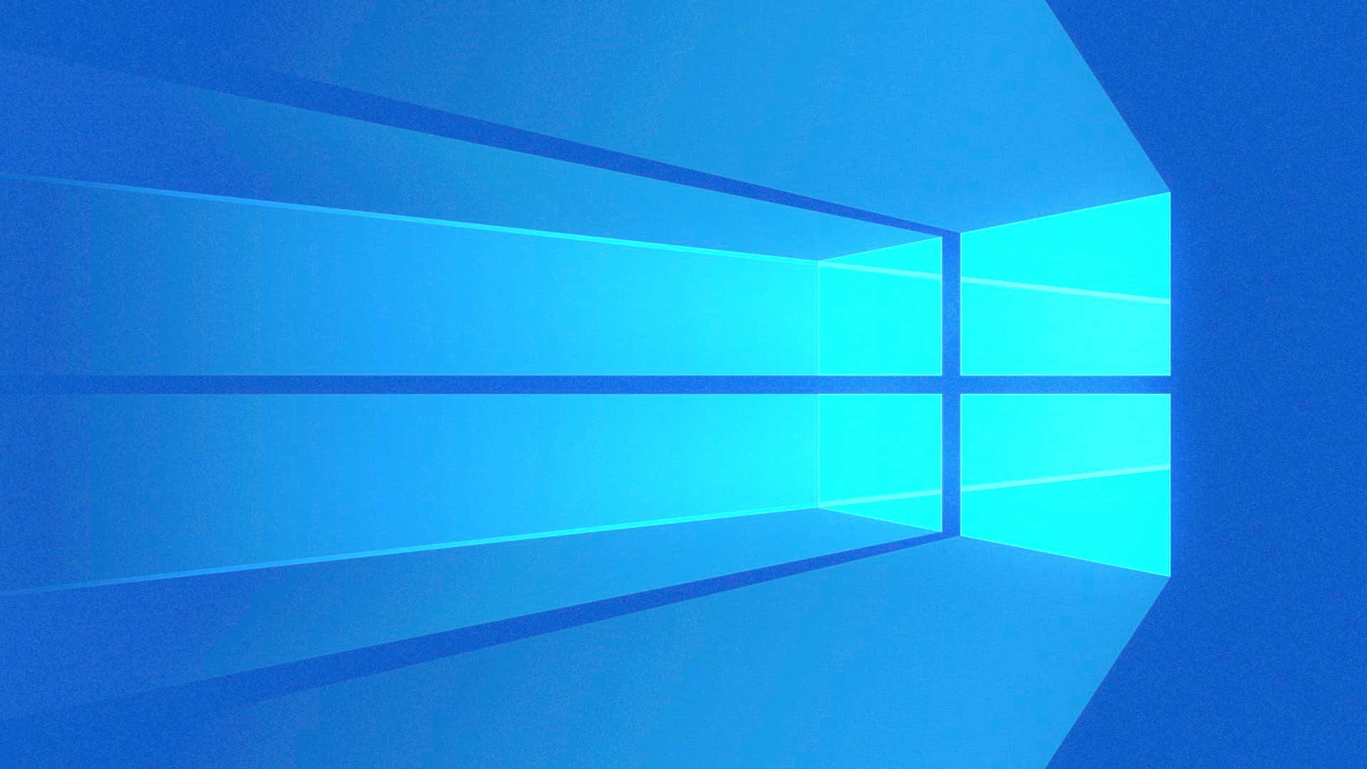 Windows 10 桌布 壁紙 — 一個極簡的數位窗戶，帶有發光的藍色窗格，在幾何抽象空間中投射柔和光線。