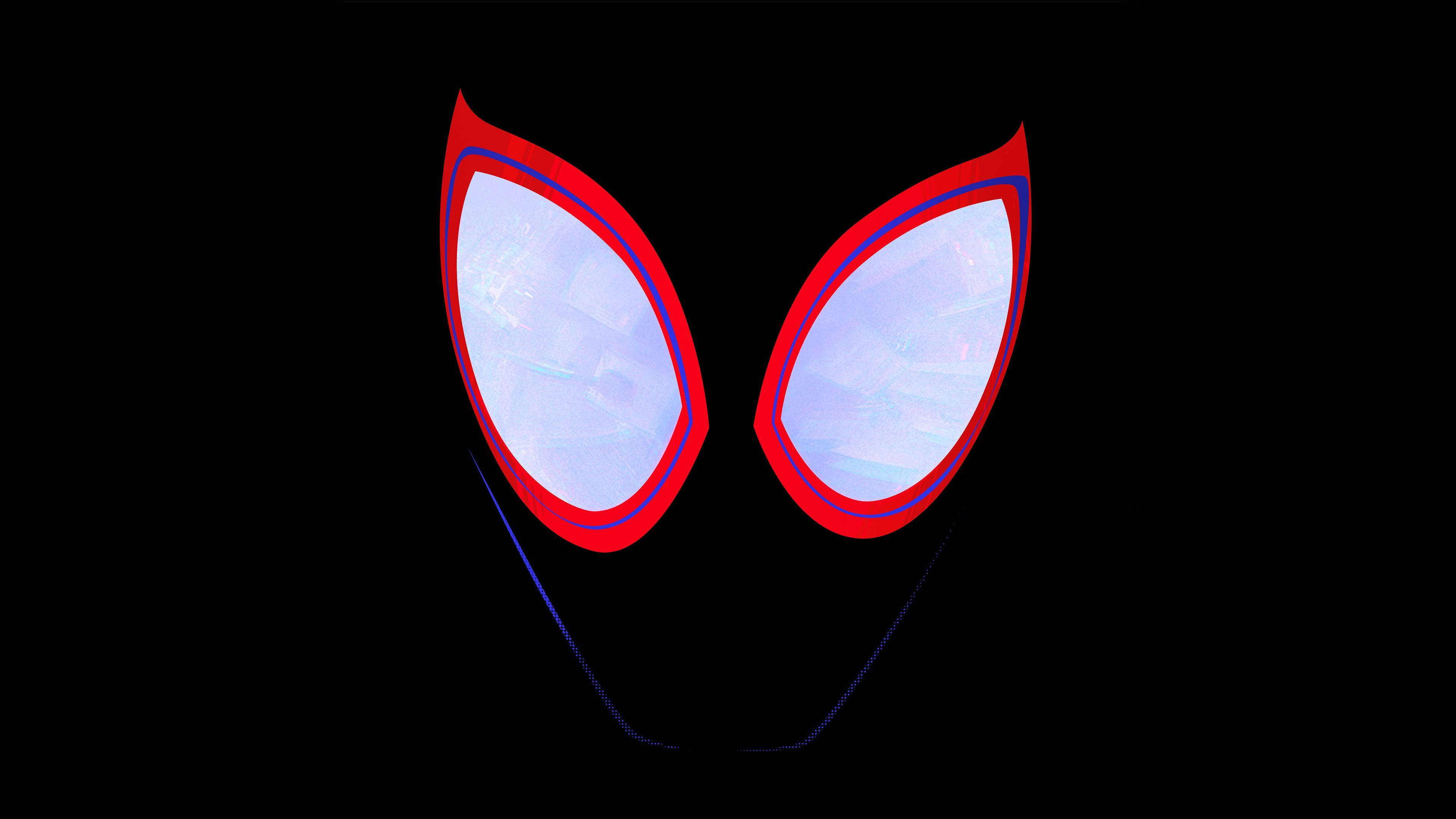 Into The Spider Verse 桌布 壁紙 — 一個極簡的數位藝術描繪，蜘蛛人標誌性的紅藍眼罩在黑色背景上發光。