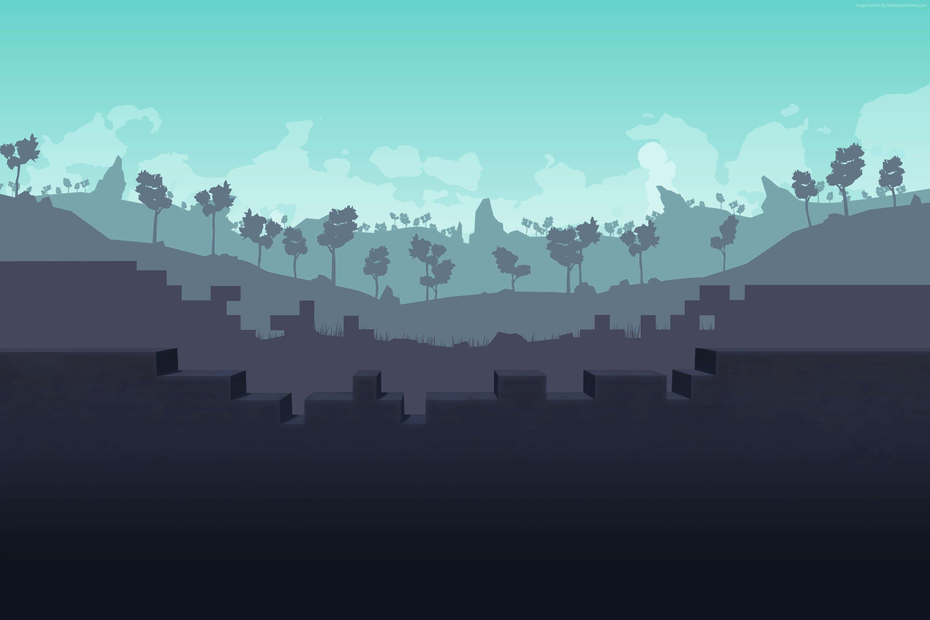 Indie Games 桌布 壁紙 — 一個極簡的數位藝術風景，在柔和青色的天空下，有剪影般的樹木和廢墟。
