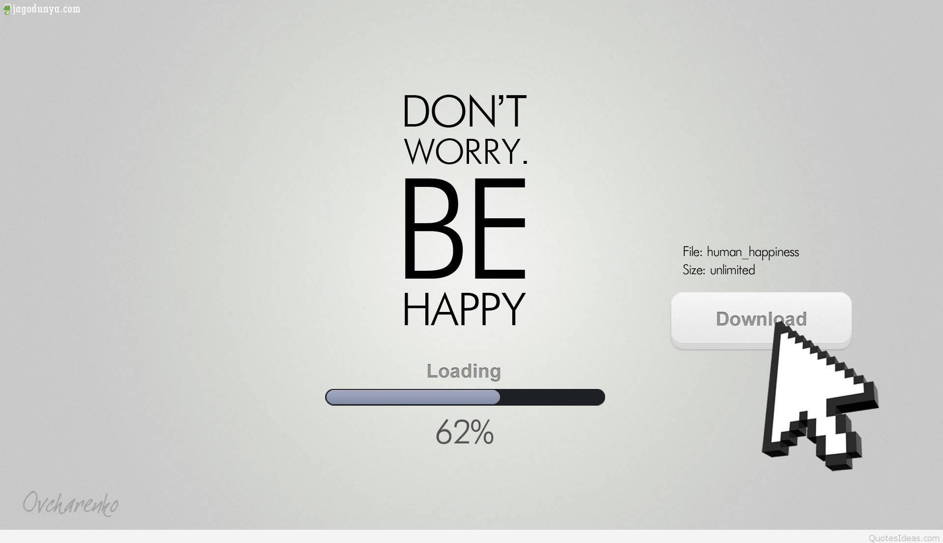 勵志 桌布 壁紙 — 一個極簡的數位載入畫面，粗體文字寫著「DON'T WORRY. BE HAPPY」，游標懸浮在下載按鈕上。